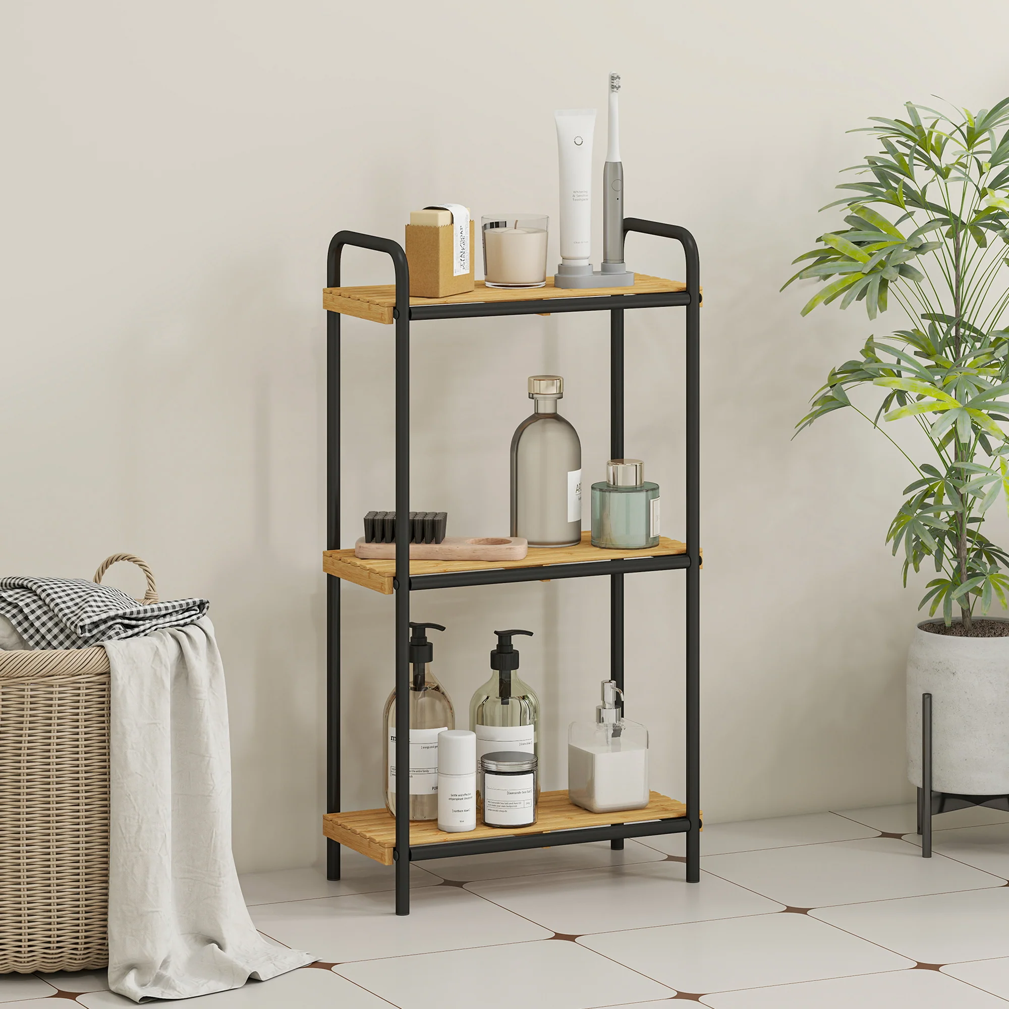 HOMCOM Tier Bamboo Bathroom Shelf, Freestanding Shelving Unit - Image 2
