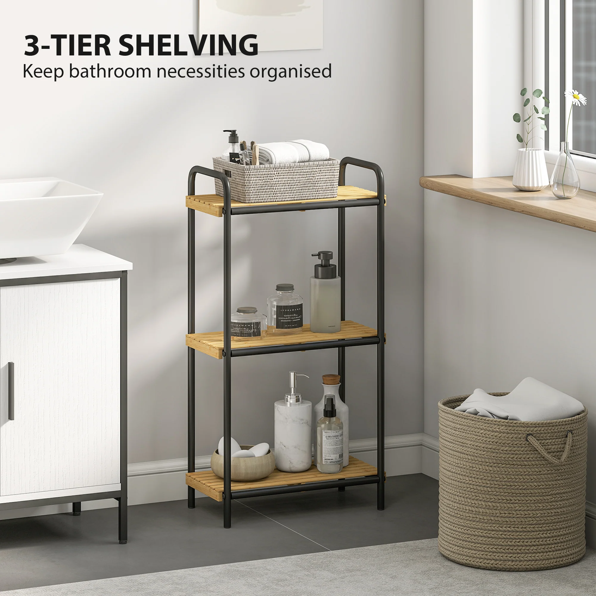 HOMCOM Tier Bamboo Bathroom Shelf, Freestanding Shelving Unit - Image 3