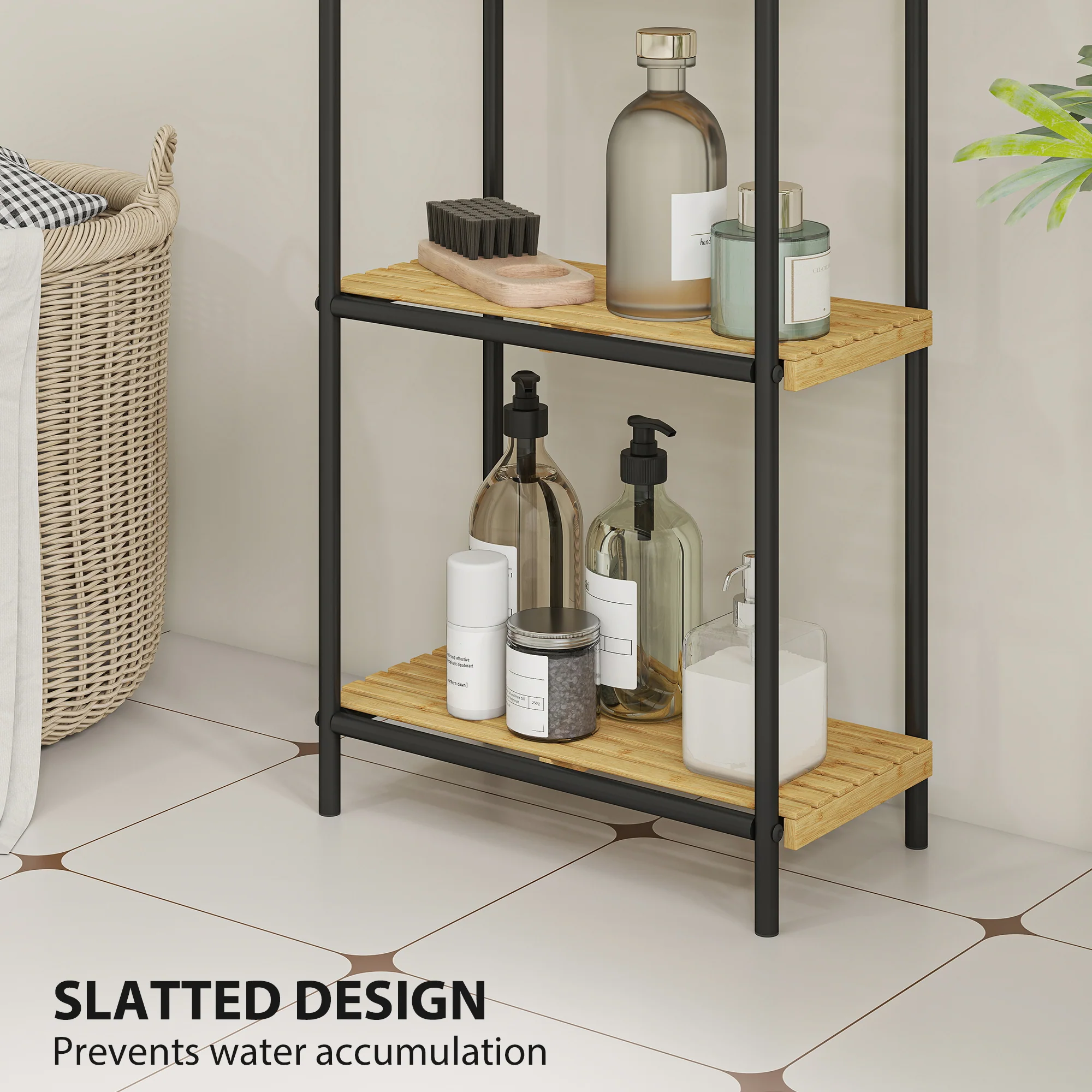 HOMCOM Tier Bamboo Bathroom Shelf, Freestanding Shelving Unit - Image 6