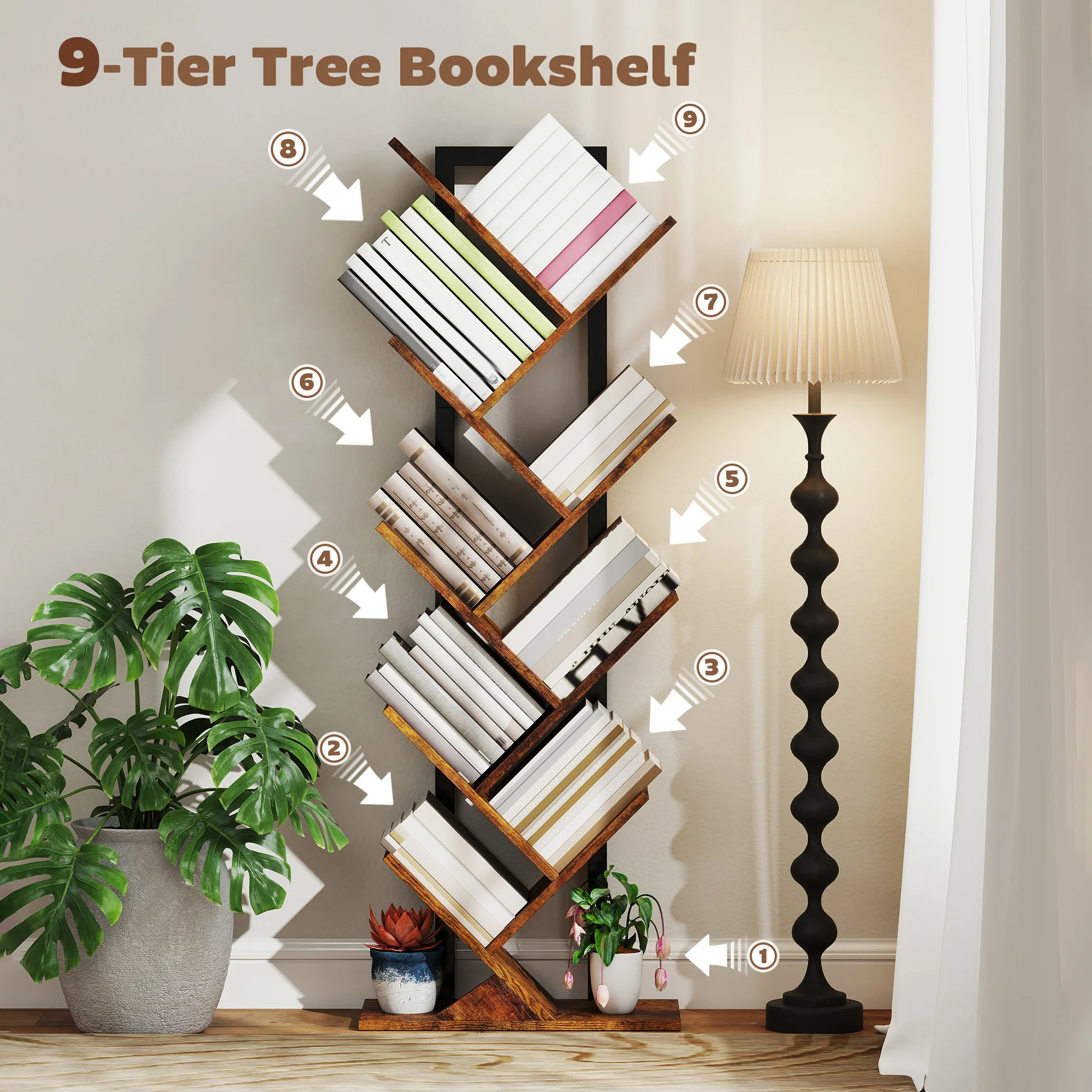 HOMCOM Tier Tree Bookshelf With Steel Frame For Living Room - Image 21