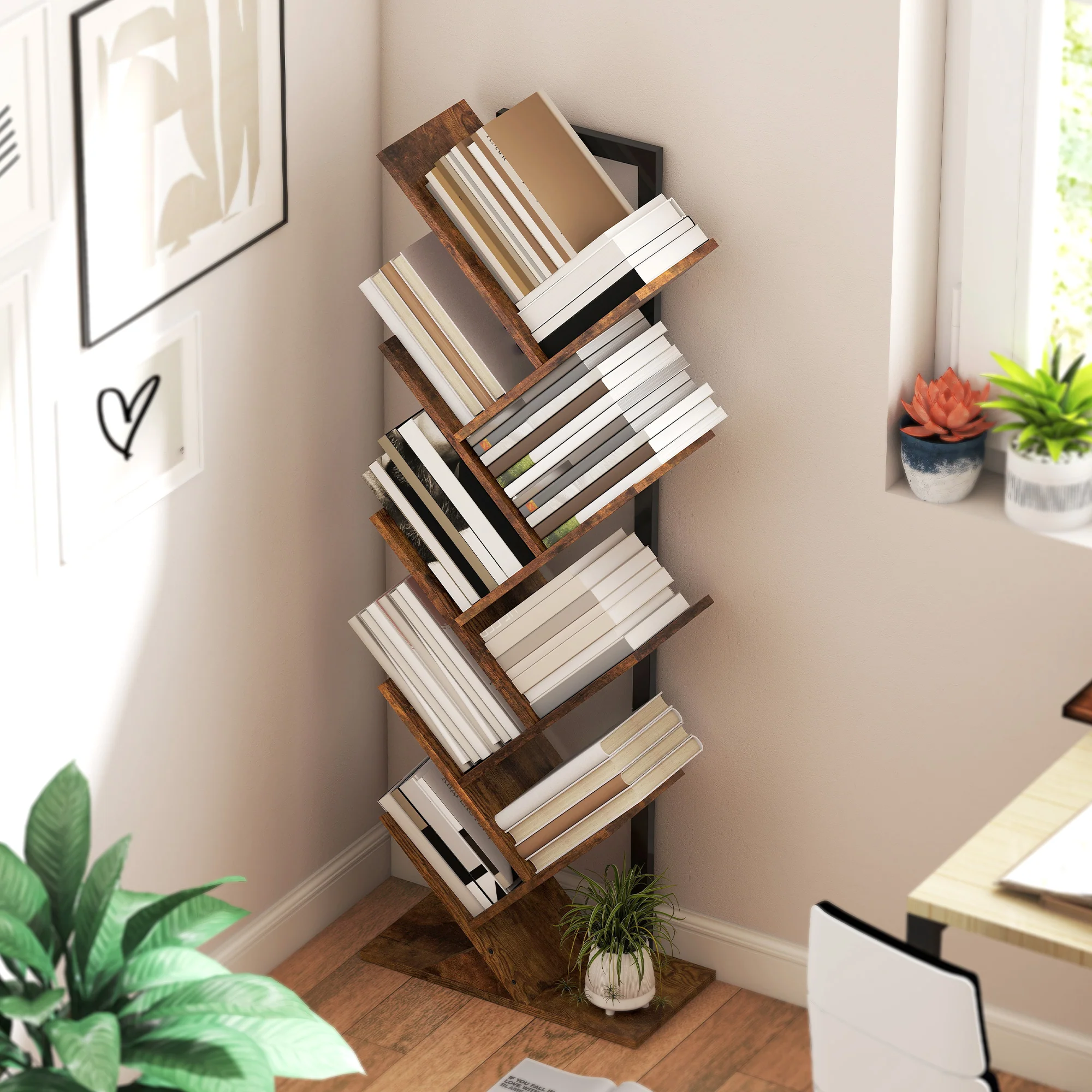 HOMCOM Tier Tree Bookshelf With Steel Frame For Living Room - Image 25