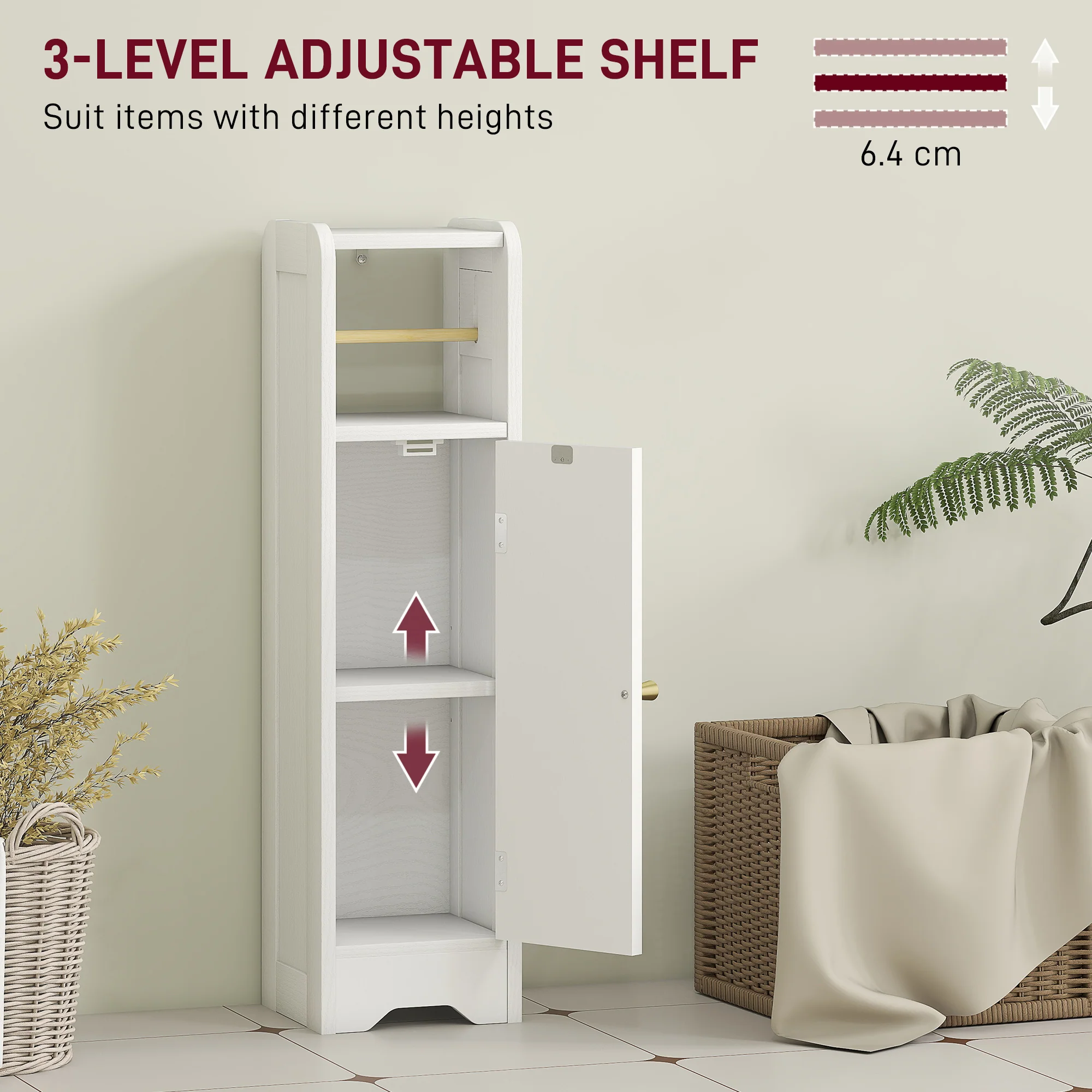 HOMCOM Toilet Roll Holder Slim Bathroom Cabinet with Adjustable Shelf White - Image 4