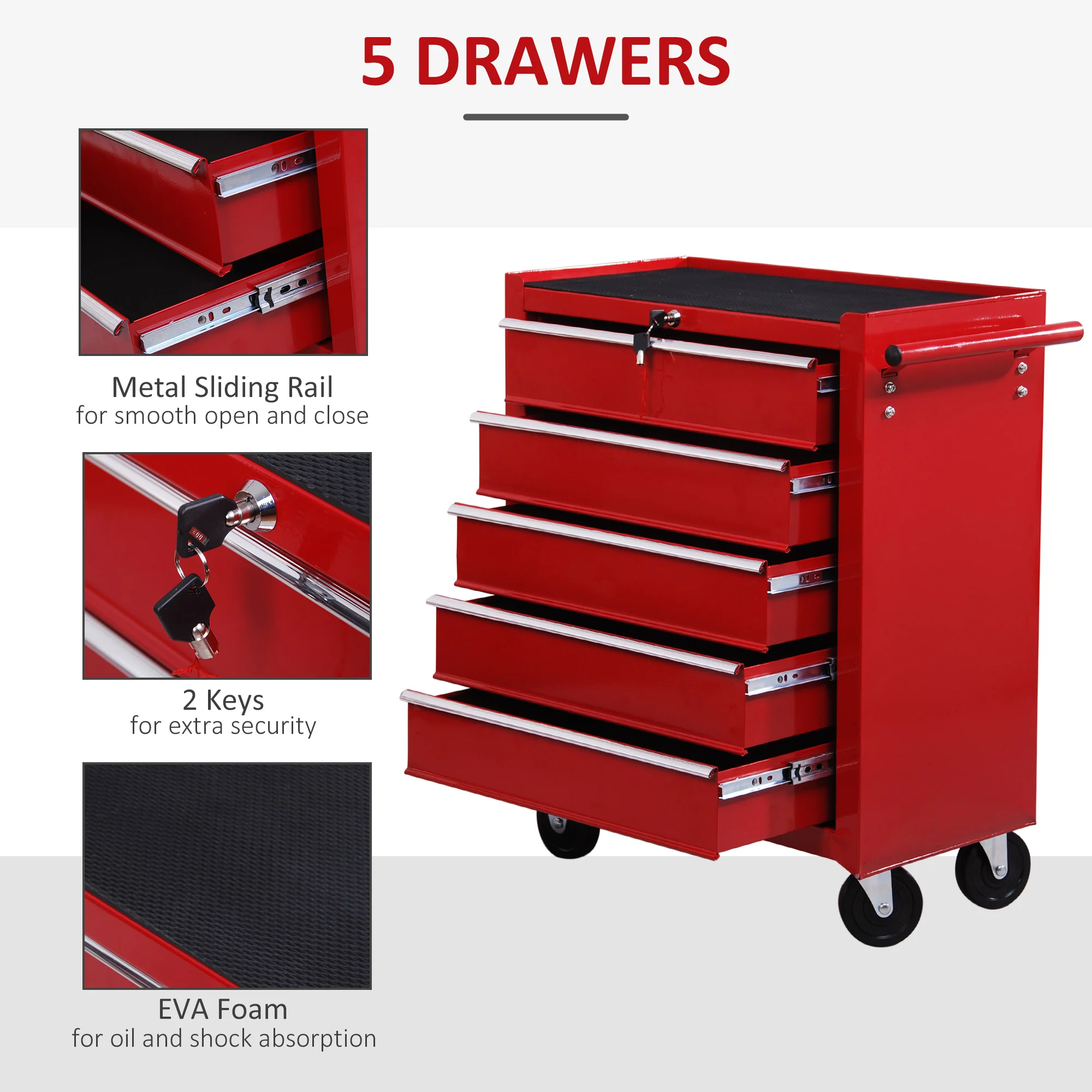 HOMCOM Tool Trolley with 5 Drawers Steel Tool Chest on Wheels with Handle Red - Image 3