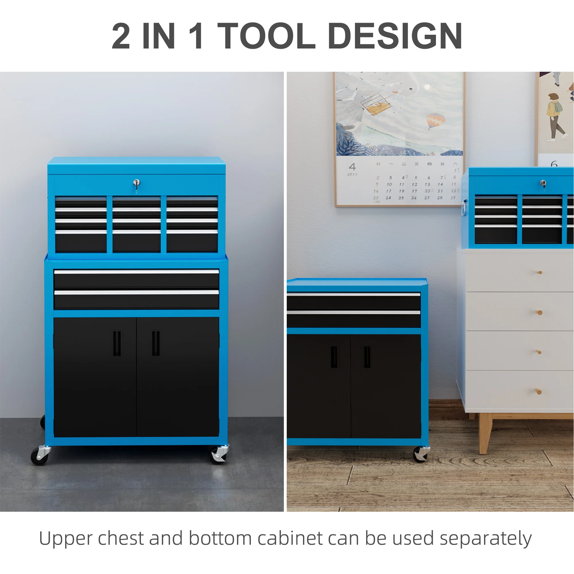 HOMCOM Top Chest And Roller Cabinet Combo Metal Tool Cabinet On Wheels - Black/Blue/Red - Image 19
