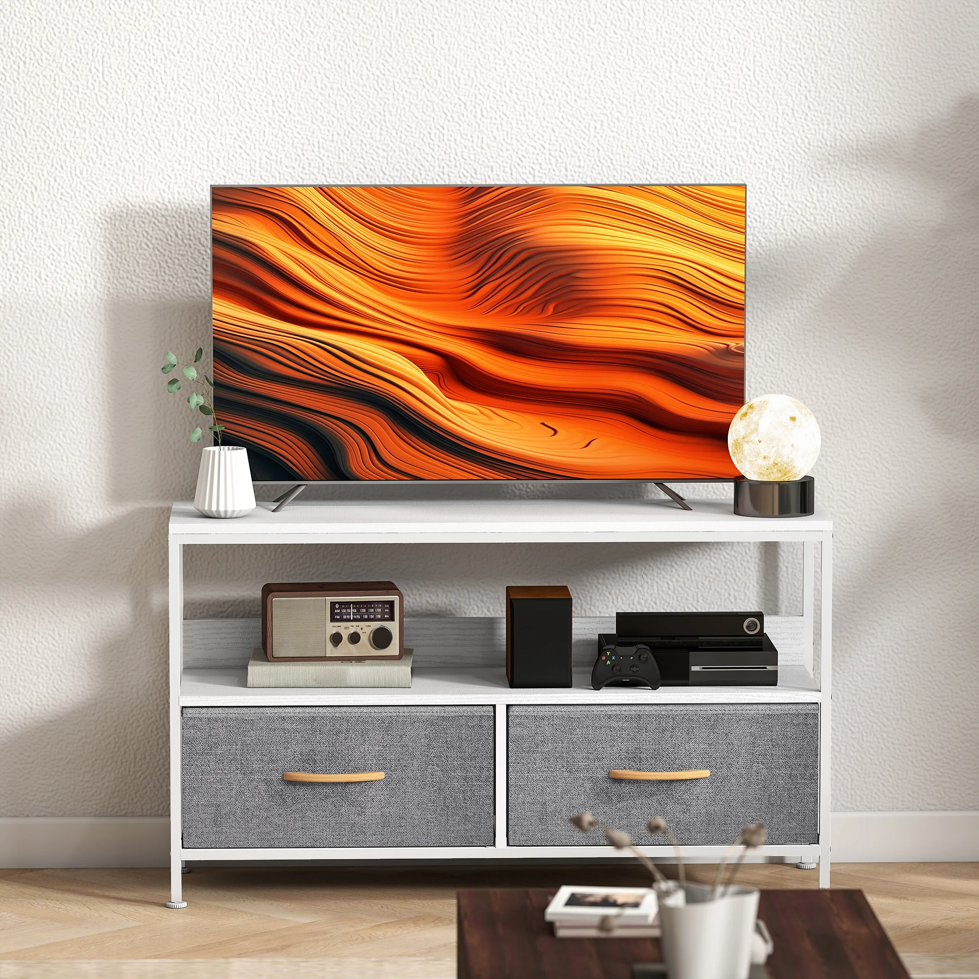 HOMCOM TV Cabinet, TV Console Unit With 2 Foldable Linen Drawers - Image 18