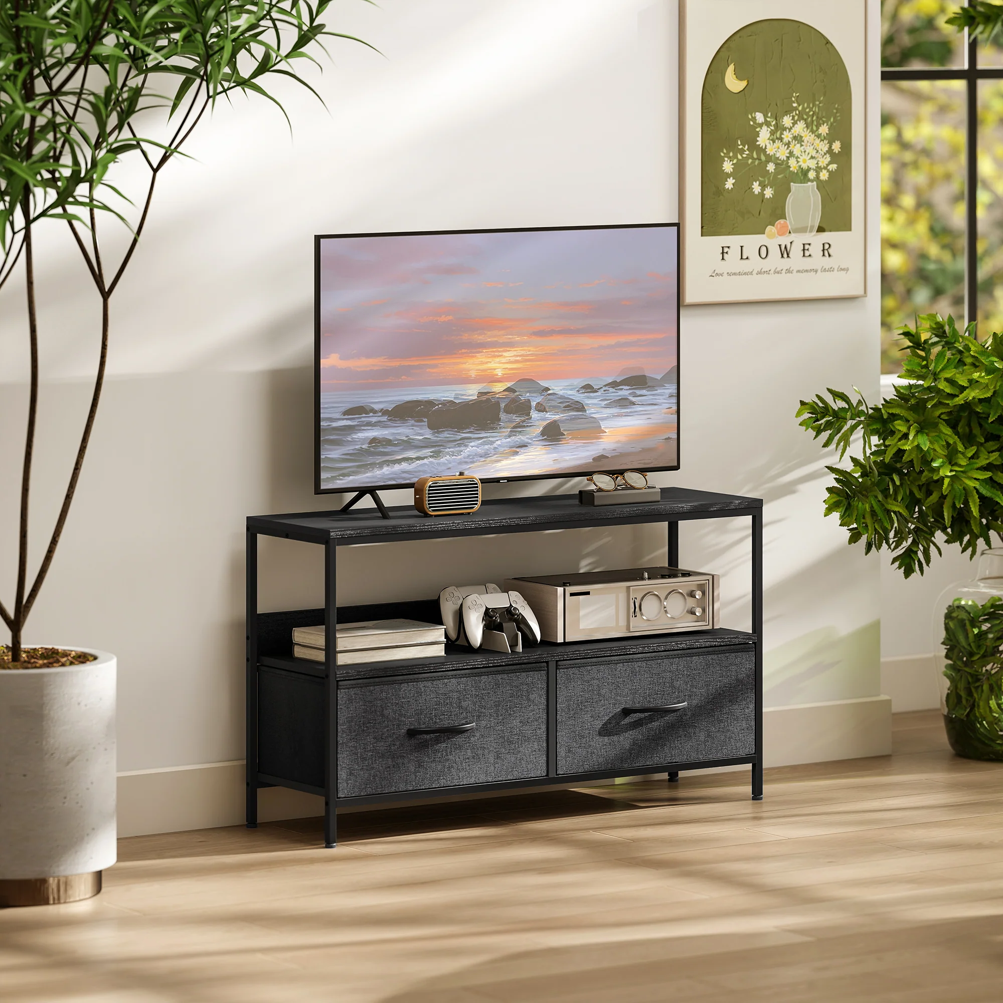 HOMCOM TV Cabinet, TV Console Unit With 2 Foldable Linen Drawers - Image 2