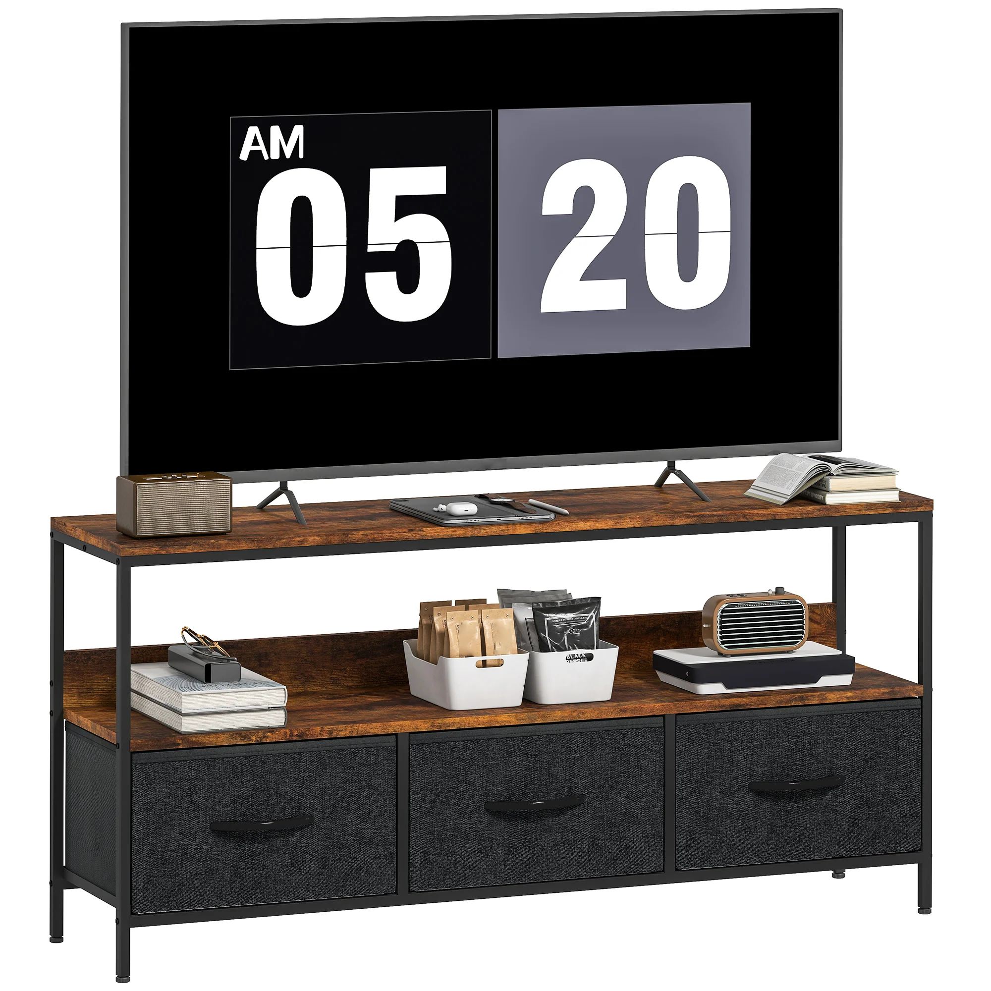 HOMCOM TV Cabinet, TV Console Unit With 3 Foldable Linen Drawers - Image 10