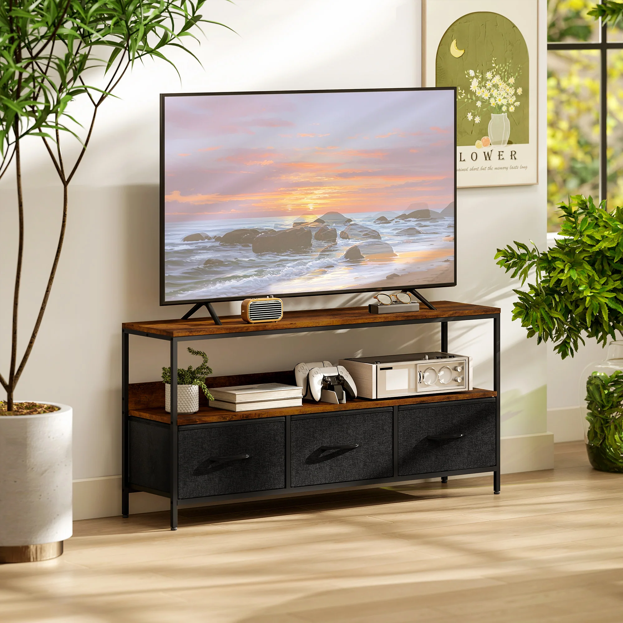 HOMCOM TV Cabinet, TV Console Unit With 3 Foldable Linen Drawers - Image 11