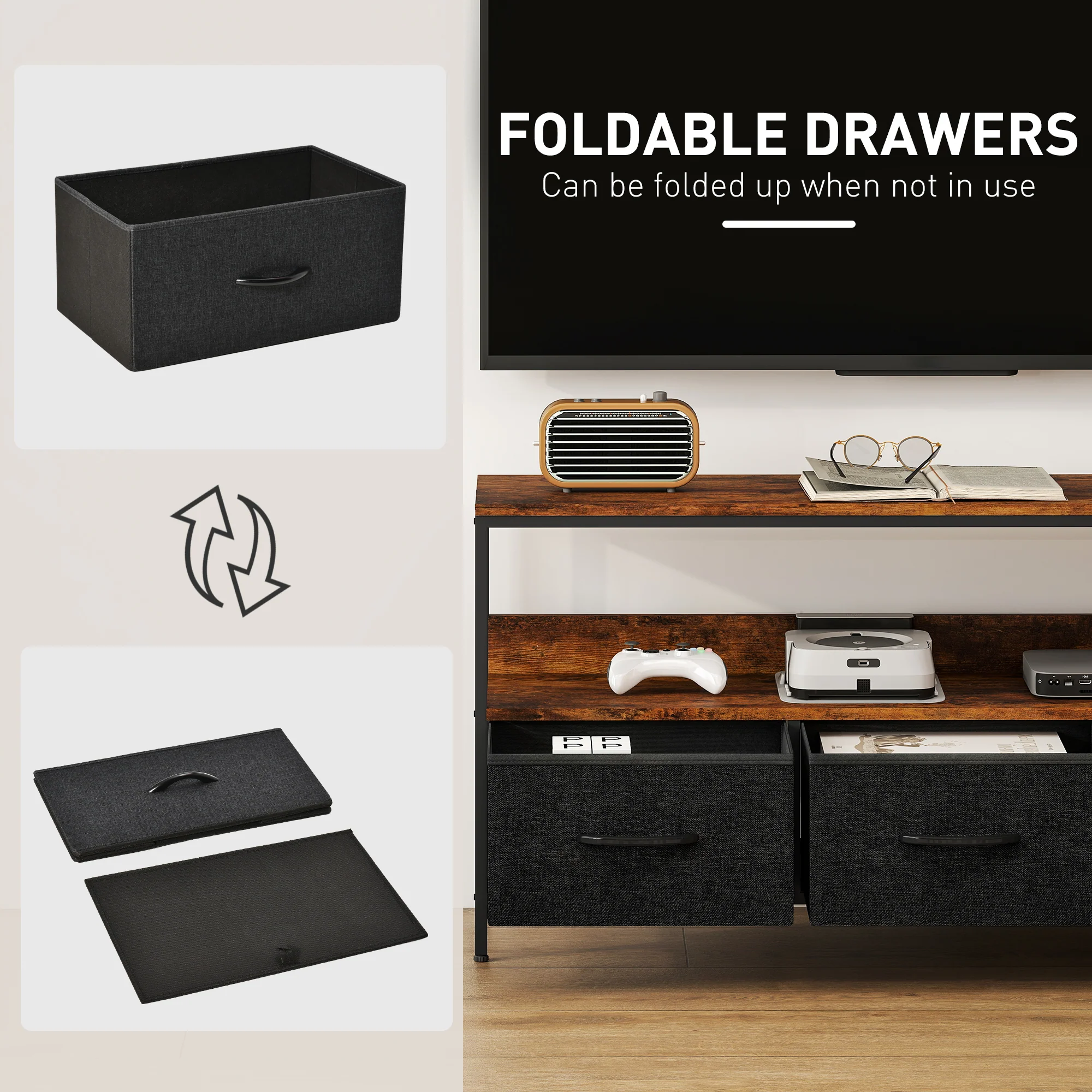 HOMCOM TV Cabinet, TV Console Unit With 3 Foldable Linen Drawers - Image 12