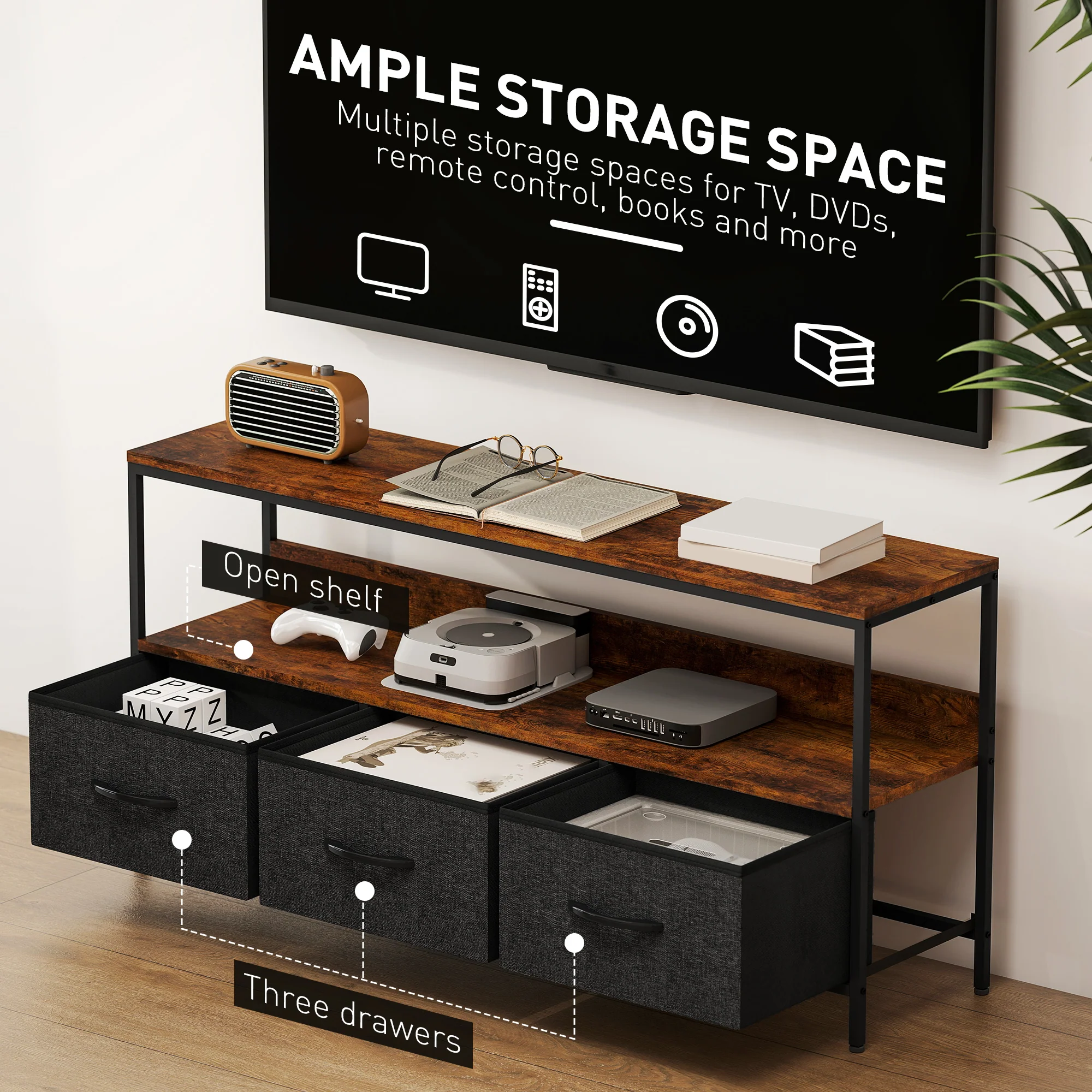HOMCOM TV Cabinet, TV Console Unit With 3 Foldable Linen Drawers - Image 13