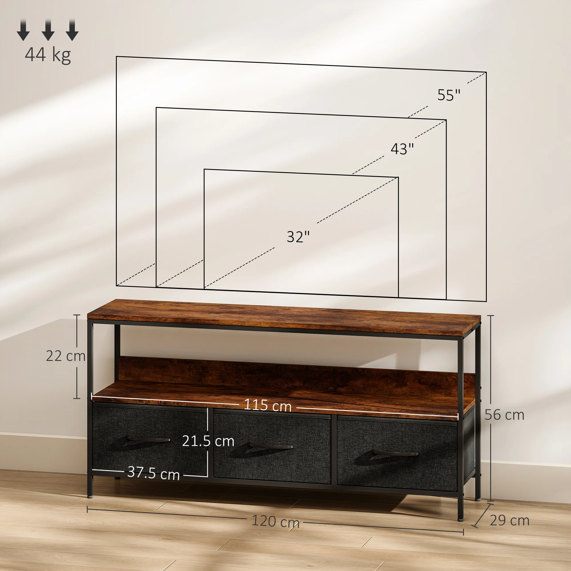 HOMCOM TV Cabinet, TV Console Unit With 3 Foldable Linen Drawers - Image 14