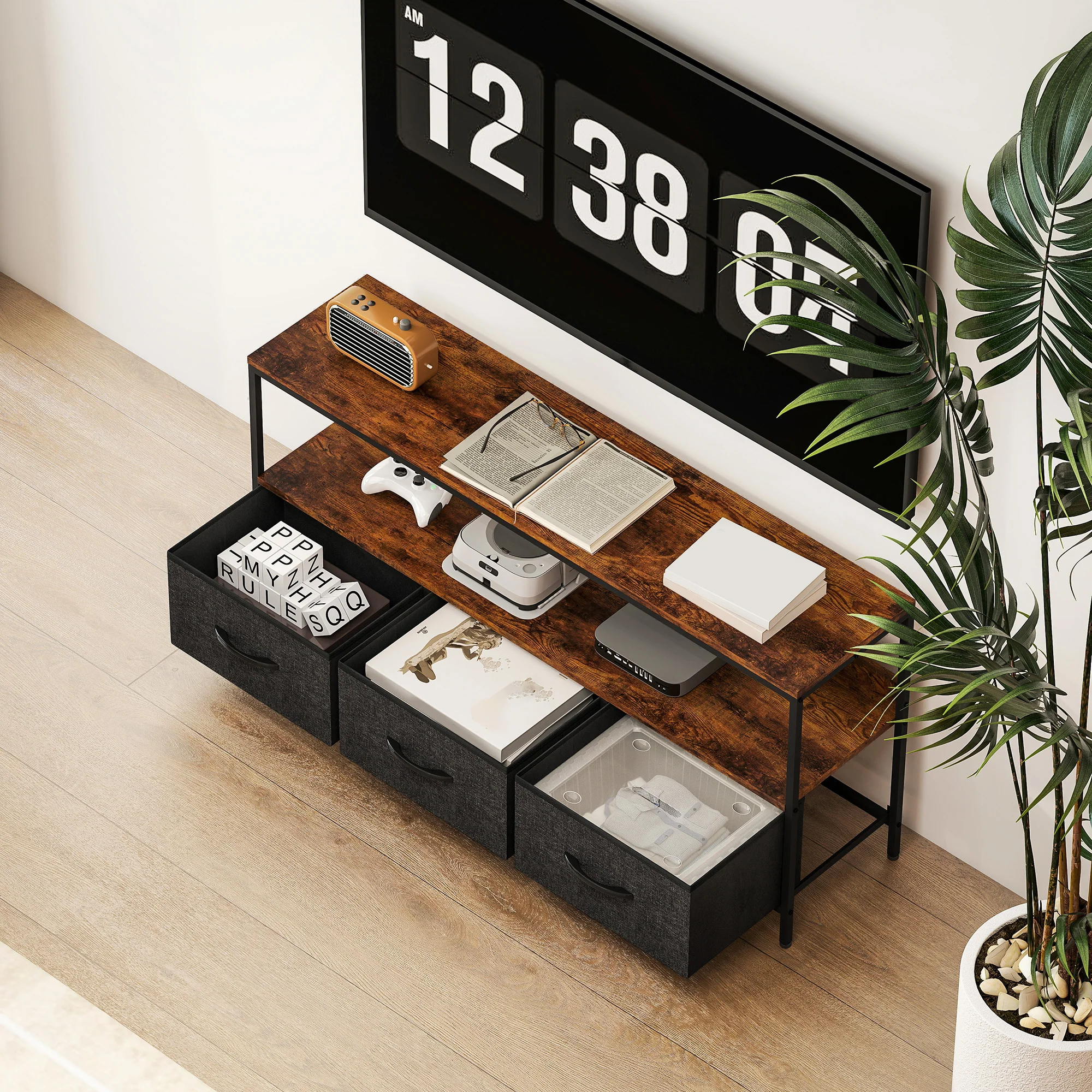 HOMCOM TV Cabinet, TV Console Unit With 3 Foldable Linen Drawers - Image 17