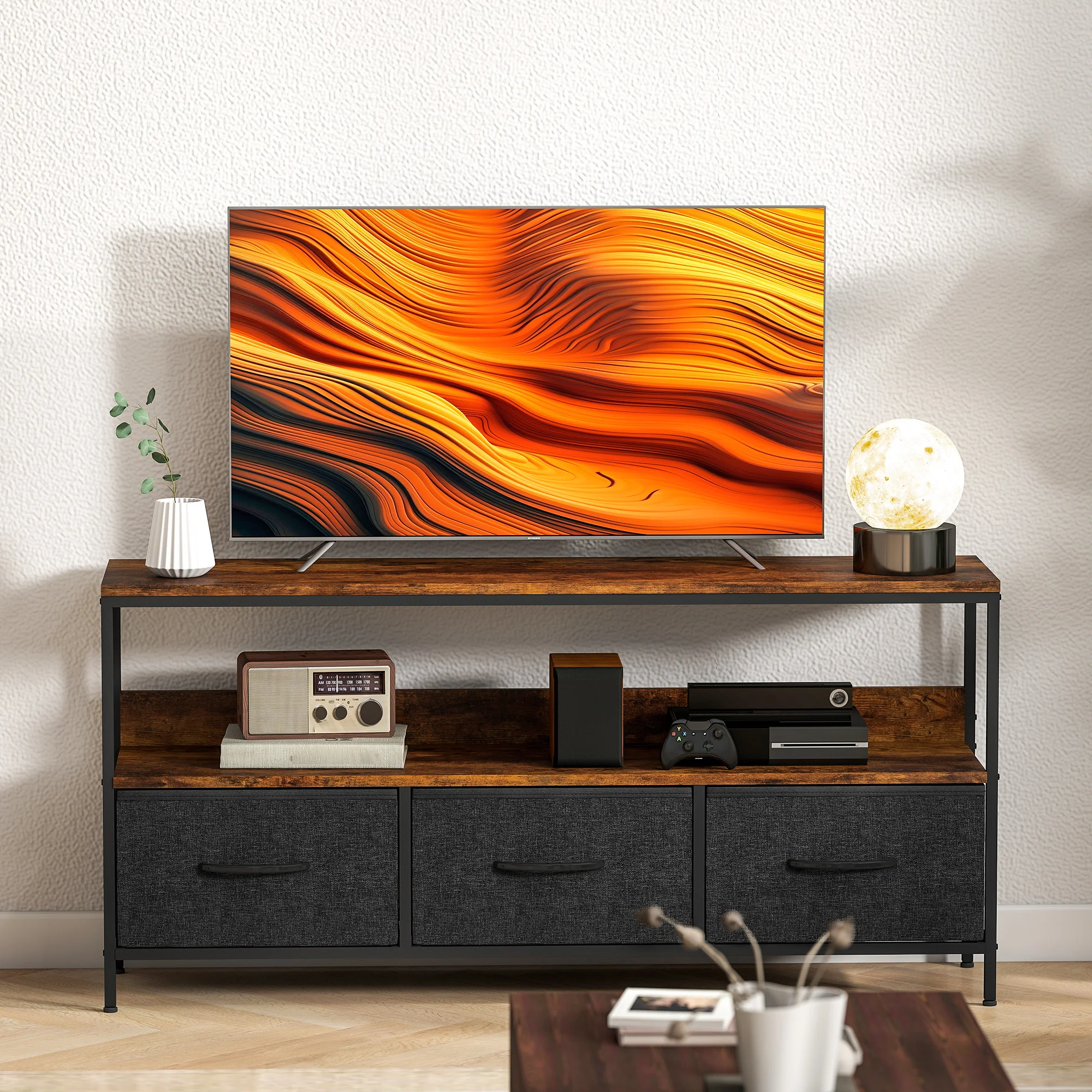 HOMCOM TV Cabinet, TV Console Unit With 3 Foldable Linen Drawers - Image 18