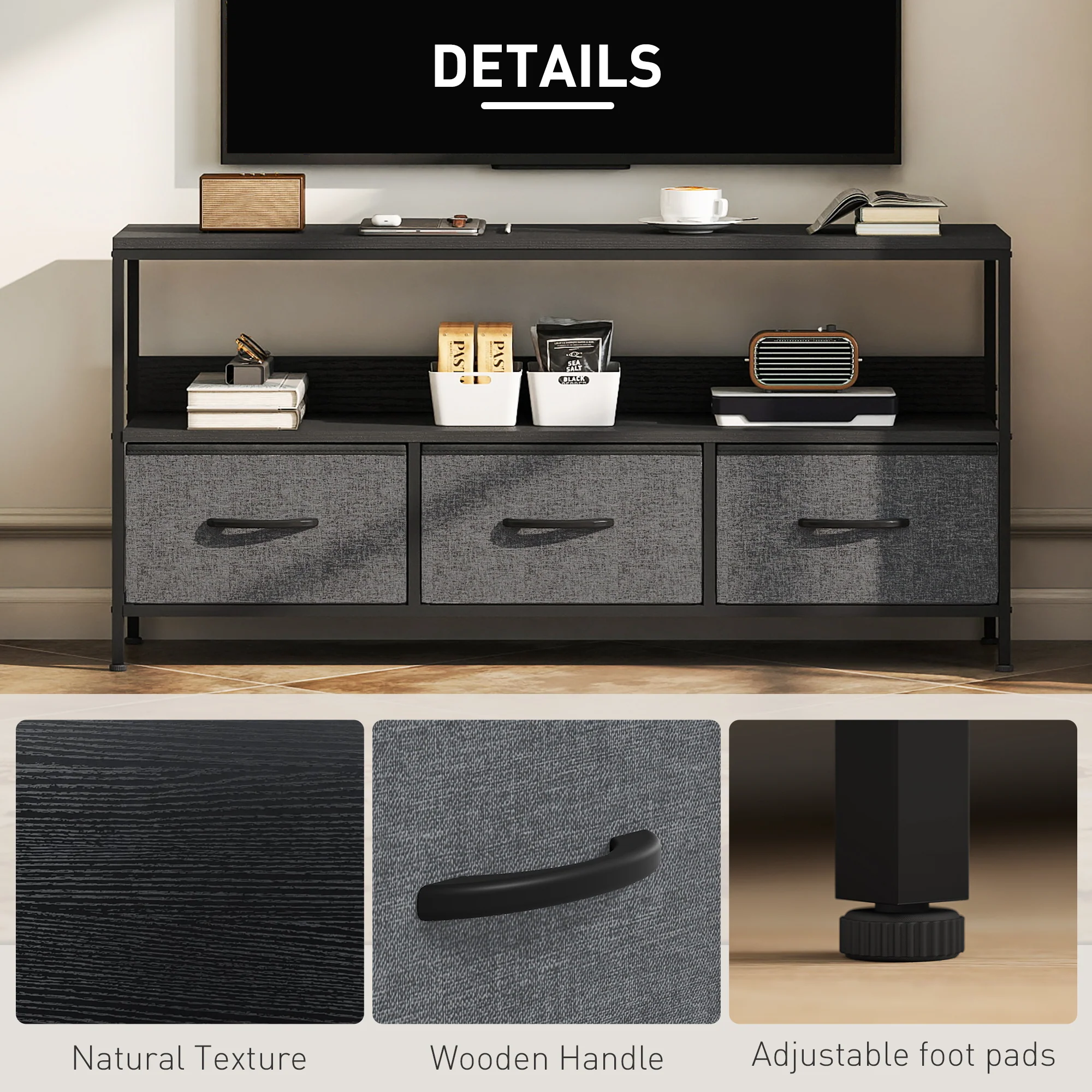 HOMCOM TV Cabinet, TV Console Unit With 3 Foldable Linen Drawers - Image 6