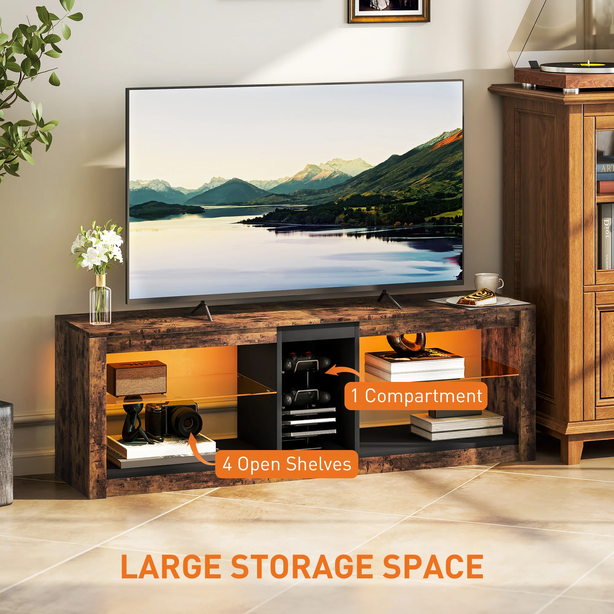 HOMCOM TV Stand, Entertainment Centre with LED Lights, Rustic Brown - Image 4