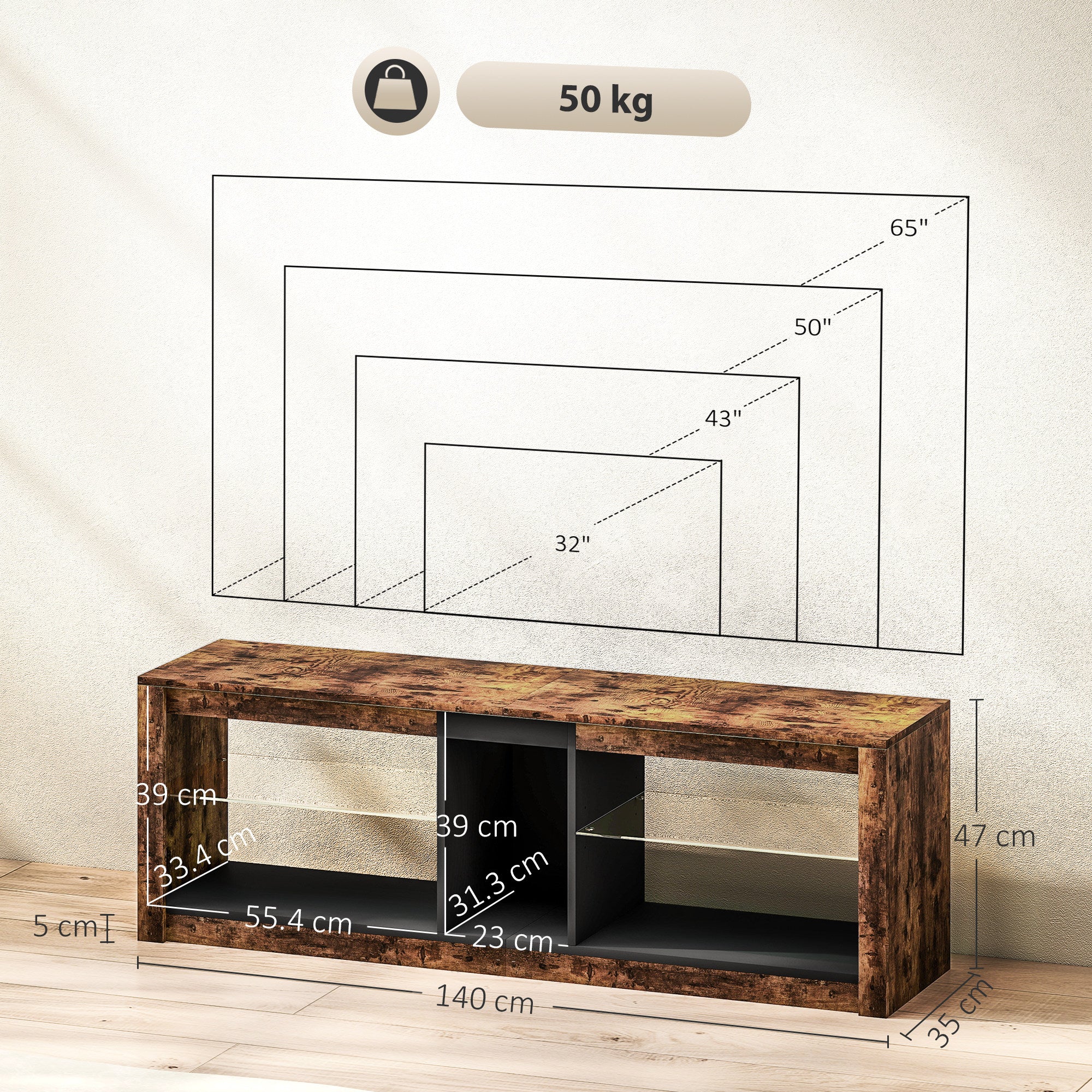 HOMCOM TV Stand, Entertainment Centre with LED Lights, Rustic Brown - Image 5