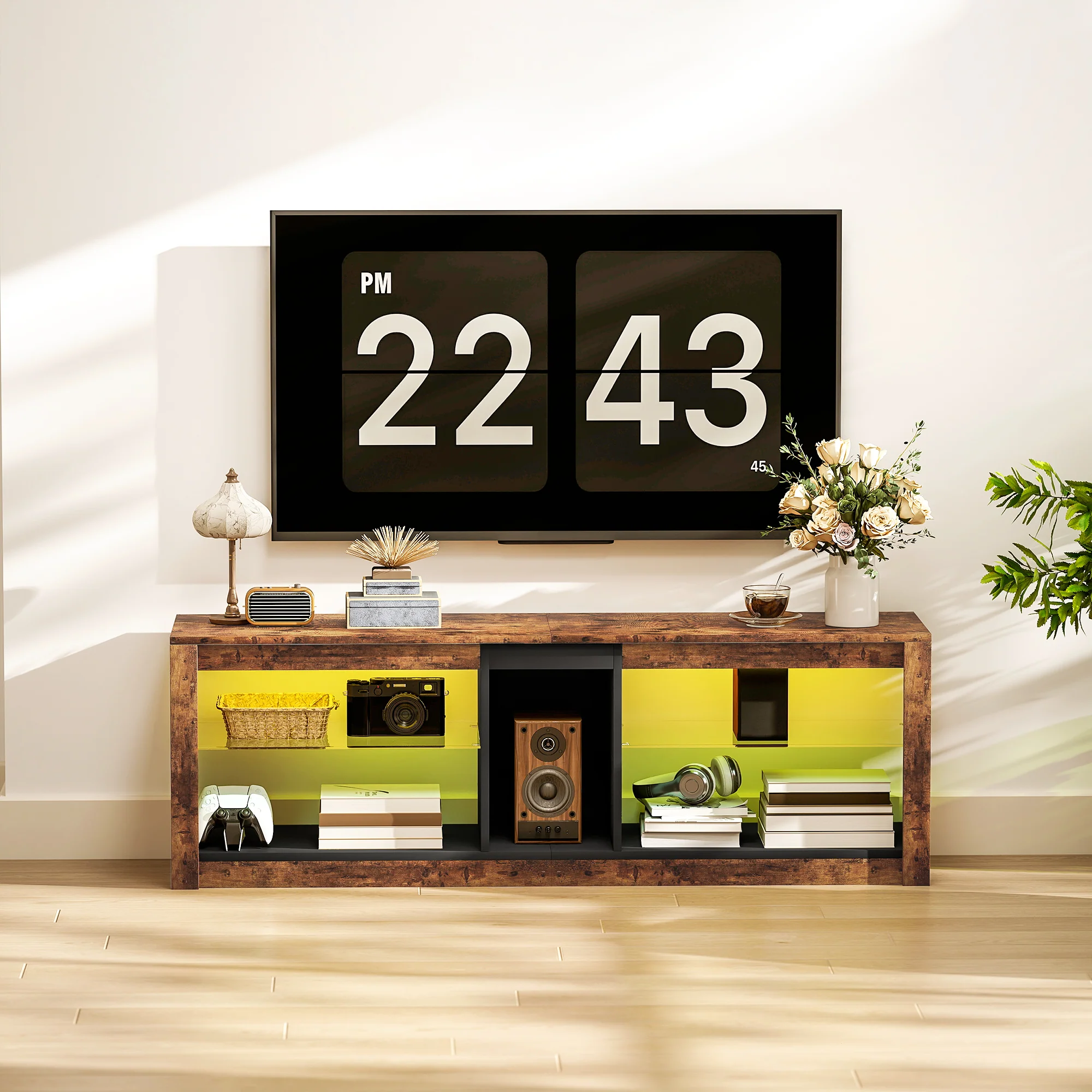 HOMCOM TV Stand, Entertainment Centre with LED Lights, Rustic Brown - Image 7