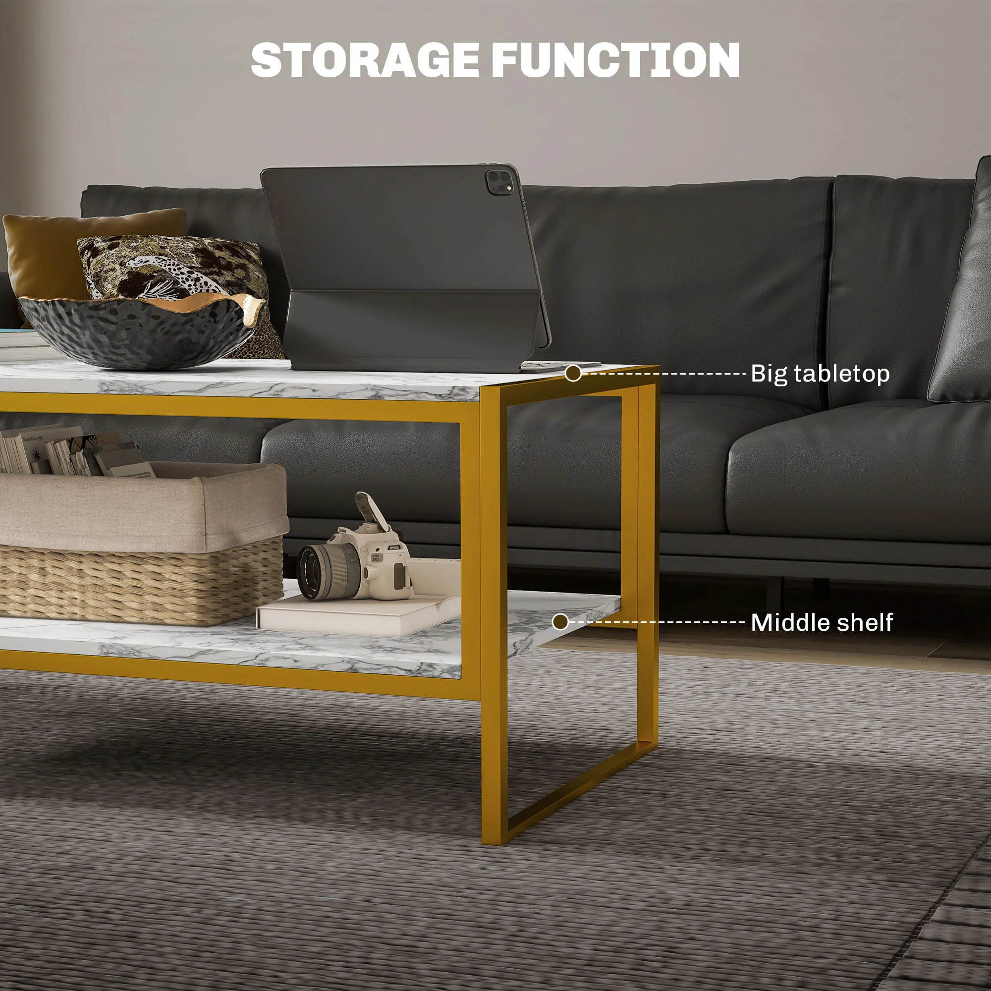 HOMCOM Two-Tier Coffee Table With Marble Effect Shelf And Metal Frame White - Image 3