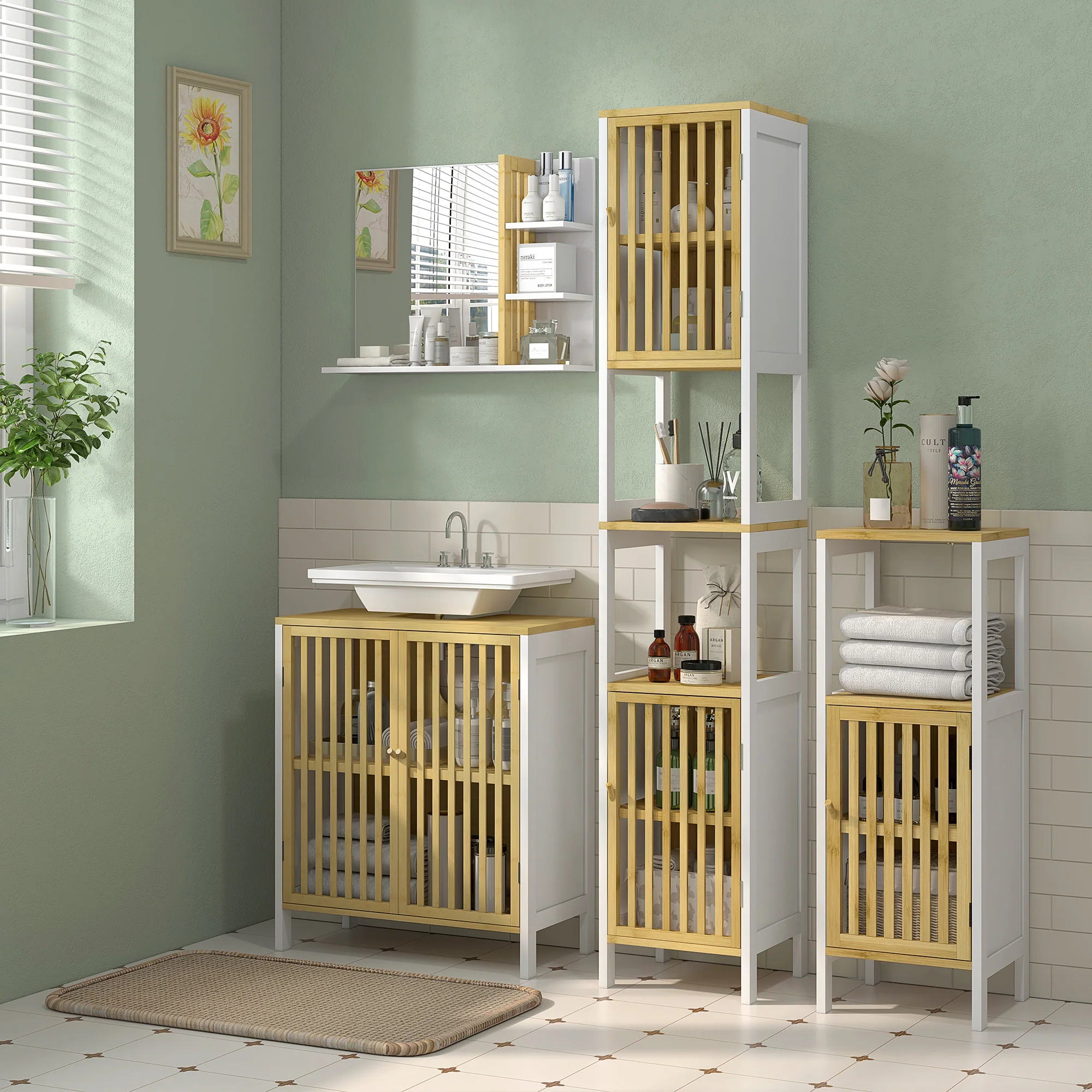 HOMCOM Under Sink Bathroom Cabinet, Bamboo Sink Storage Cabinet Slat Doors - Image 2