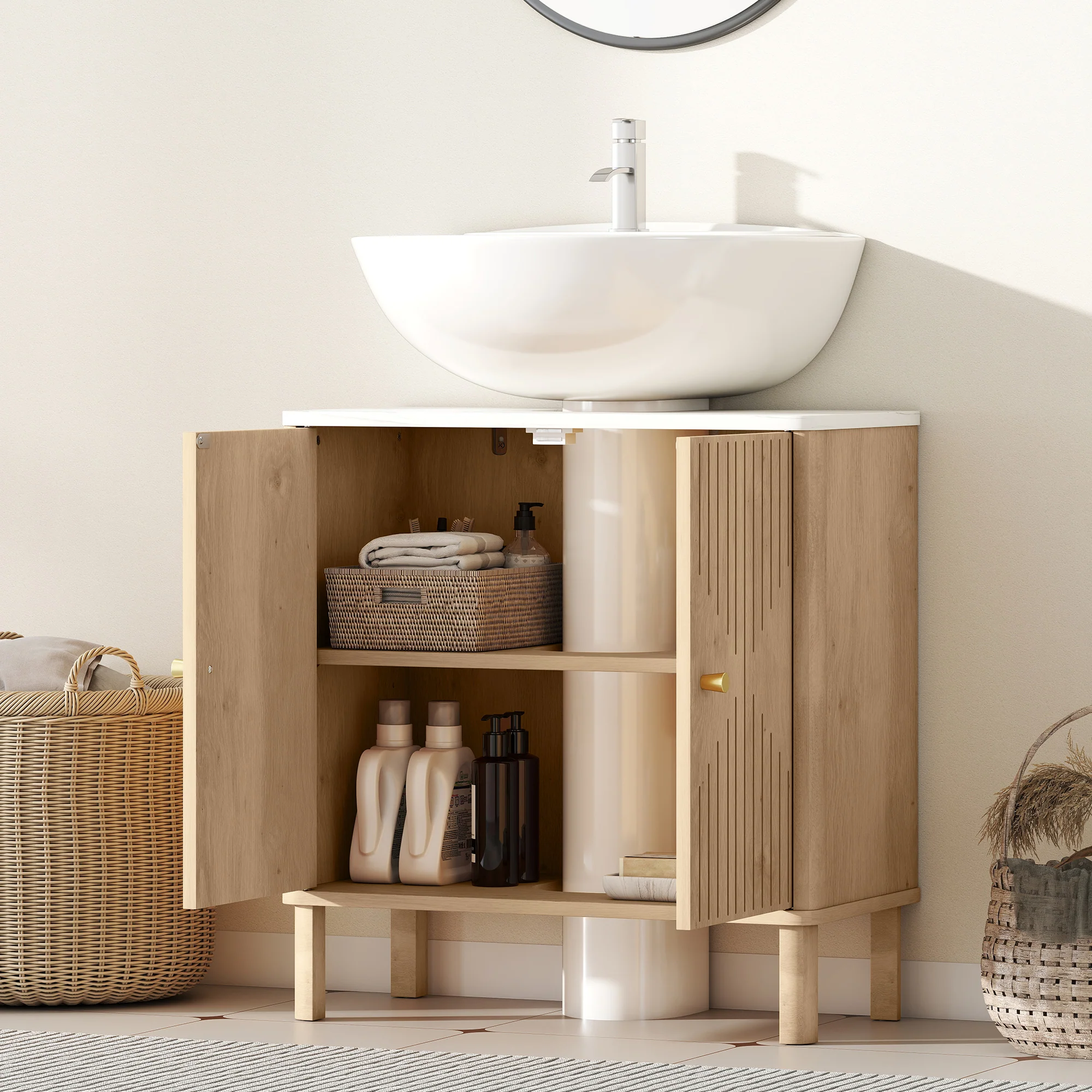 HOMCOM Under Sink Bathroom Cabinet For Basin Without Or With Pedestal, Oak - Image 7