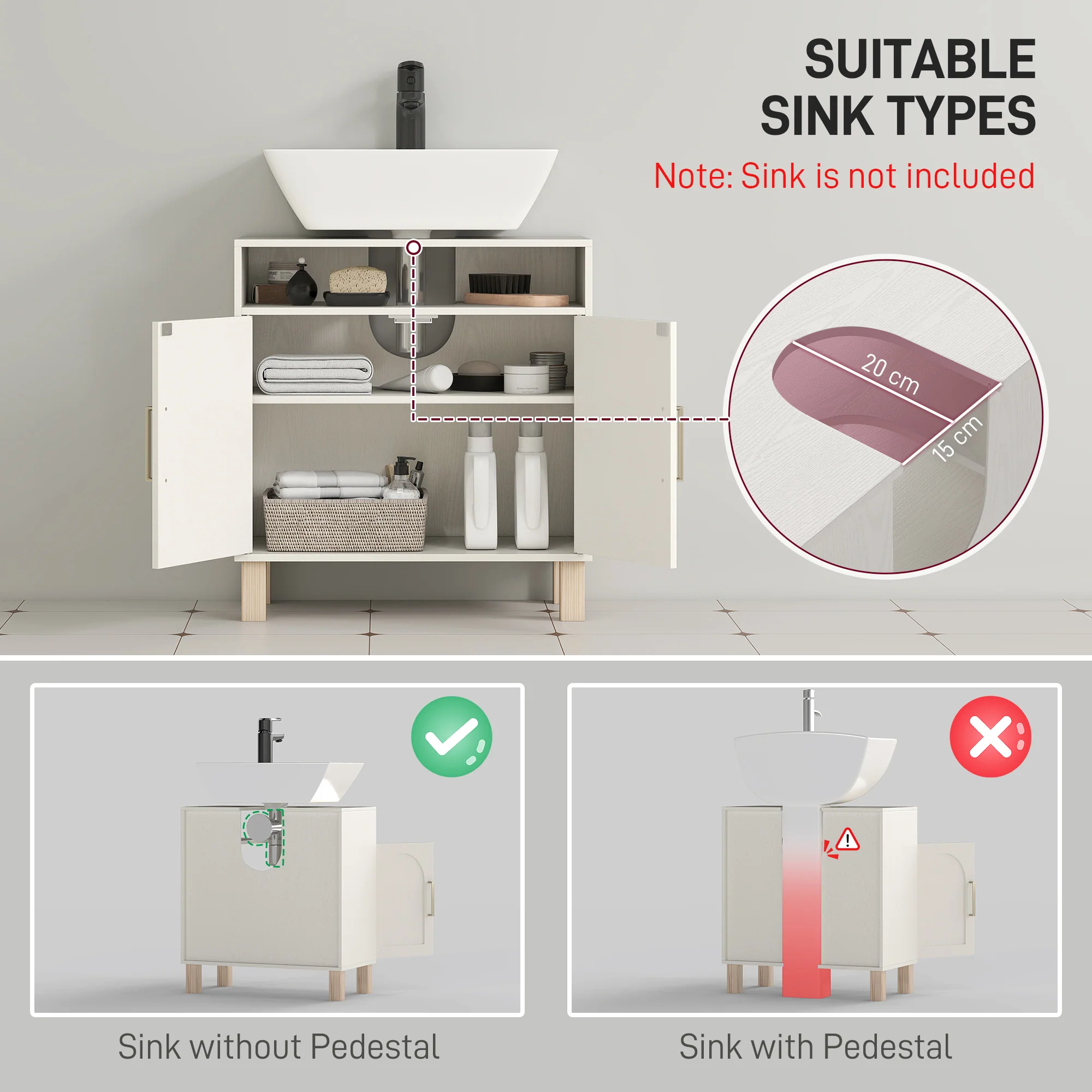 HOMCOM Under Sink Bathroom Cabinet For Basin Without Pedestal, Cream White - Image 3