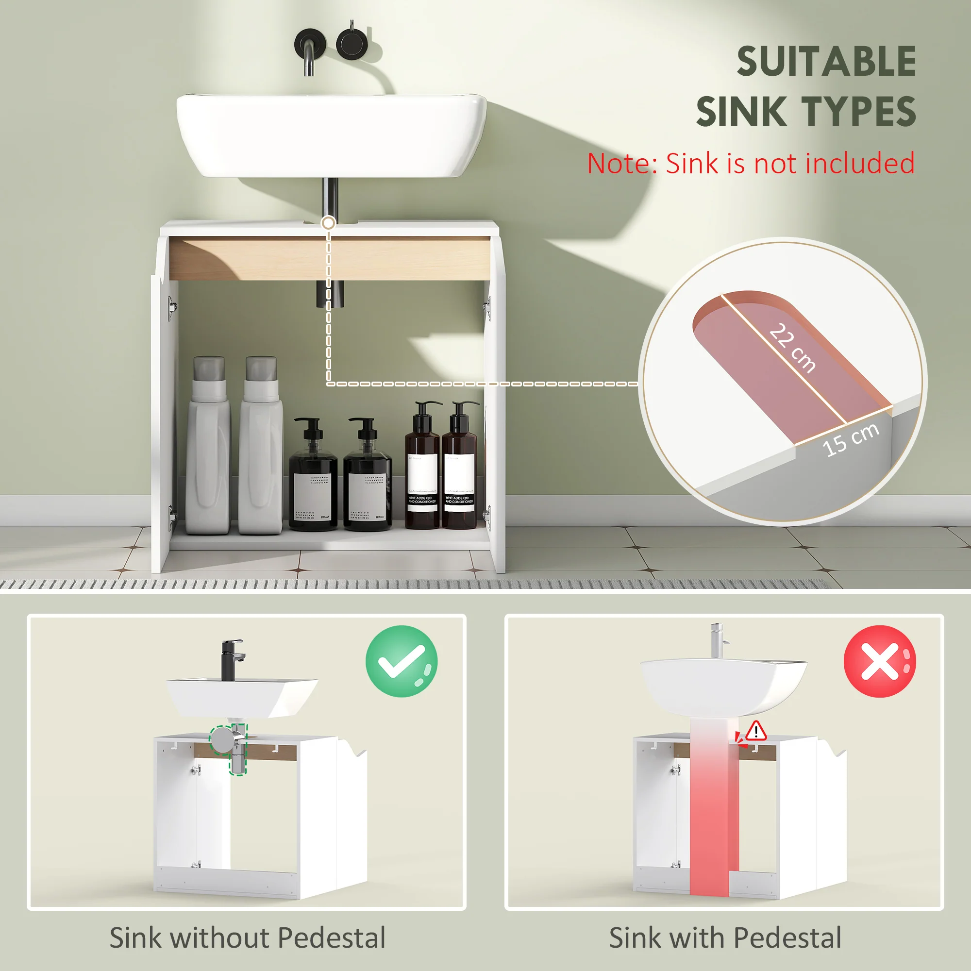 HOMCOM Under Sink Cabinet, Bathroom Sink Cabinet for Basin without Pedestal - Image 3