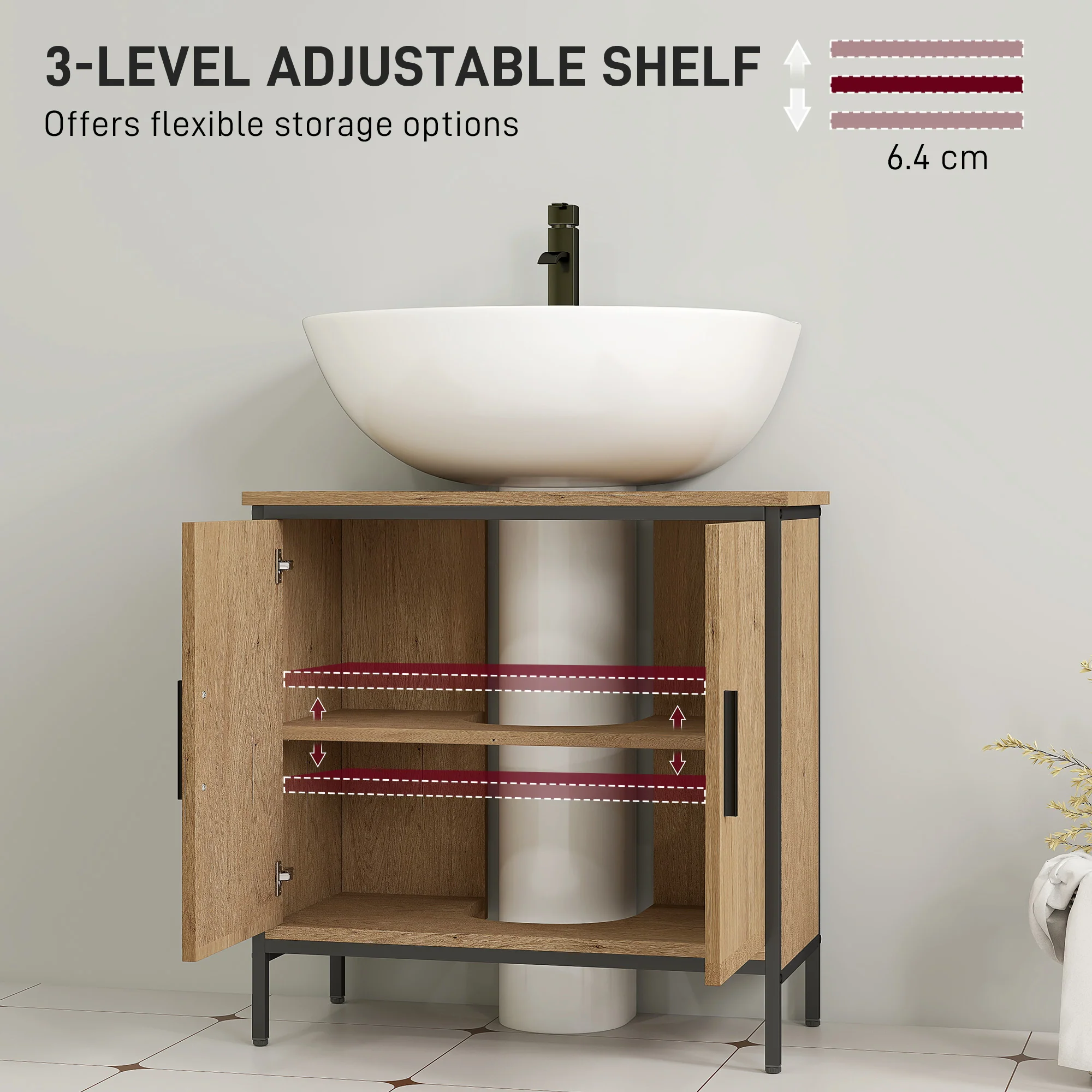 HOMCOM Under Sink Cabinet with Doors for Basin without or with Pedestal Oak - Image 4