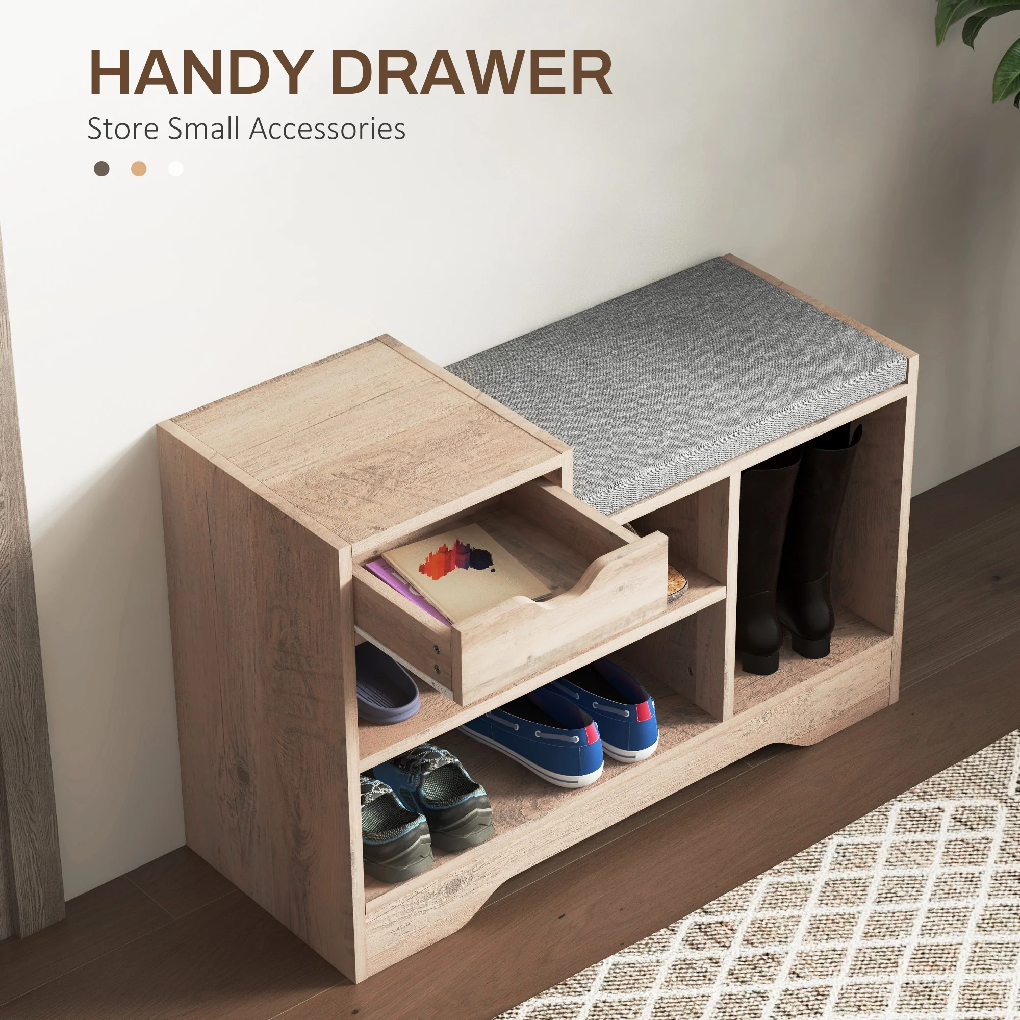 HOMCOM Upholstered Entryway Shoe Bench With Storage Drawer Distressed Grey - Image 5