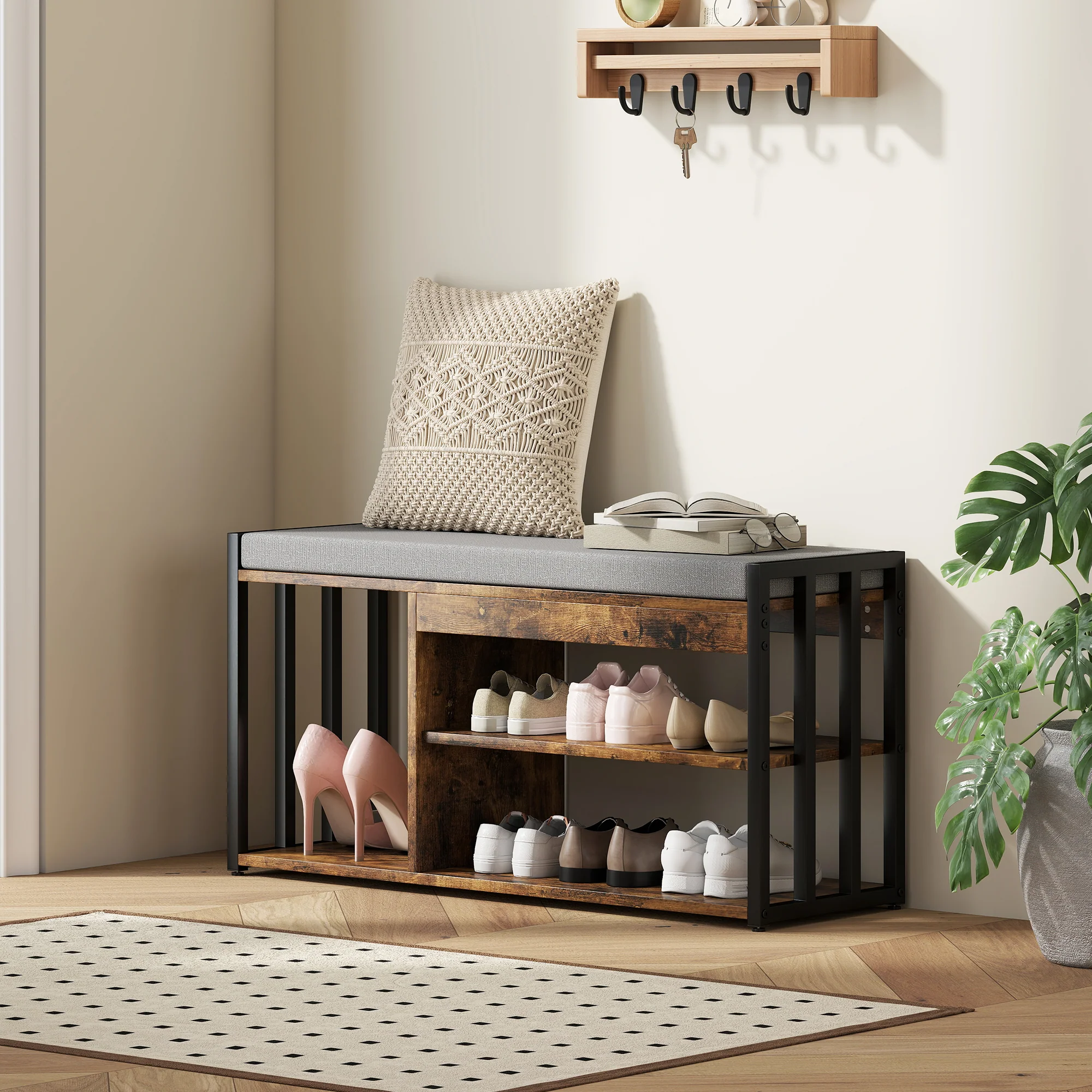 HOMCOM Upholstered Entryway Shoe Bench with Storage Shelves, Rustic Brown - Image 2