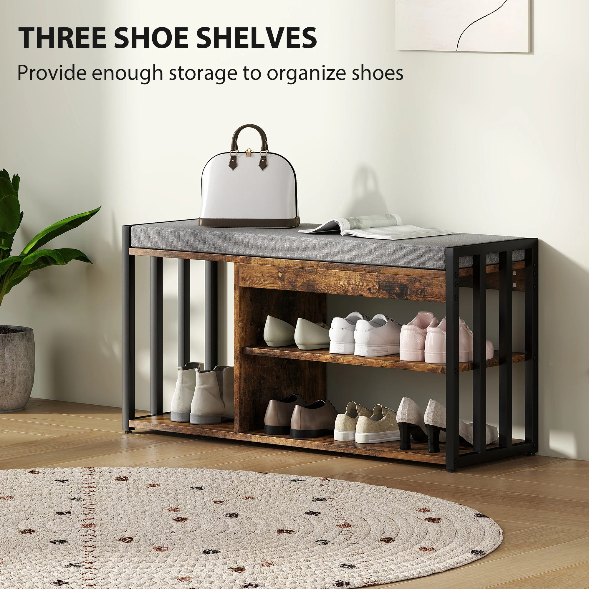 HOMCOM Upholstered Entryway Shoe Bench with Storage Shelves, Rustic Brown - Image 3