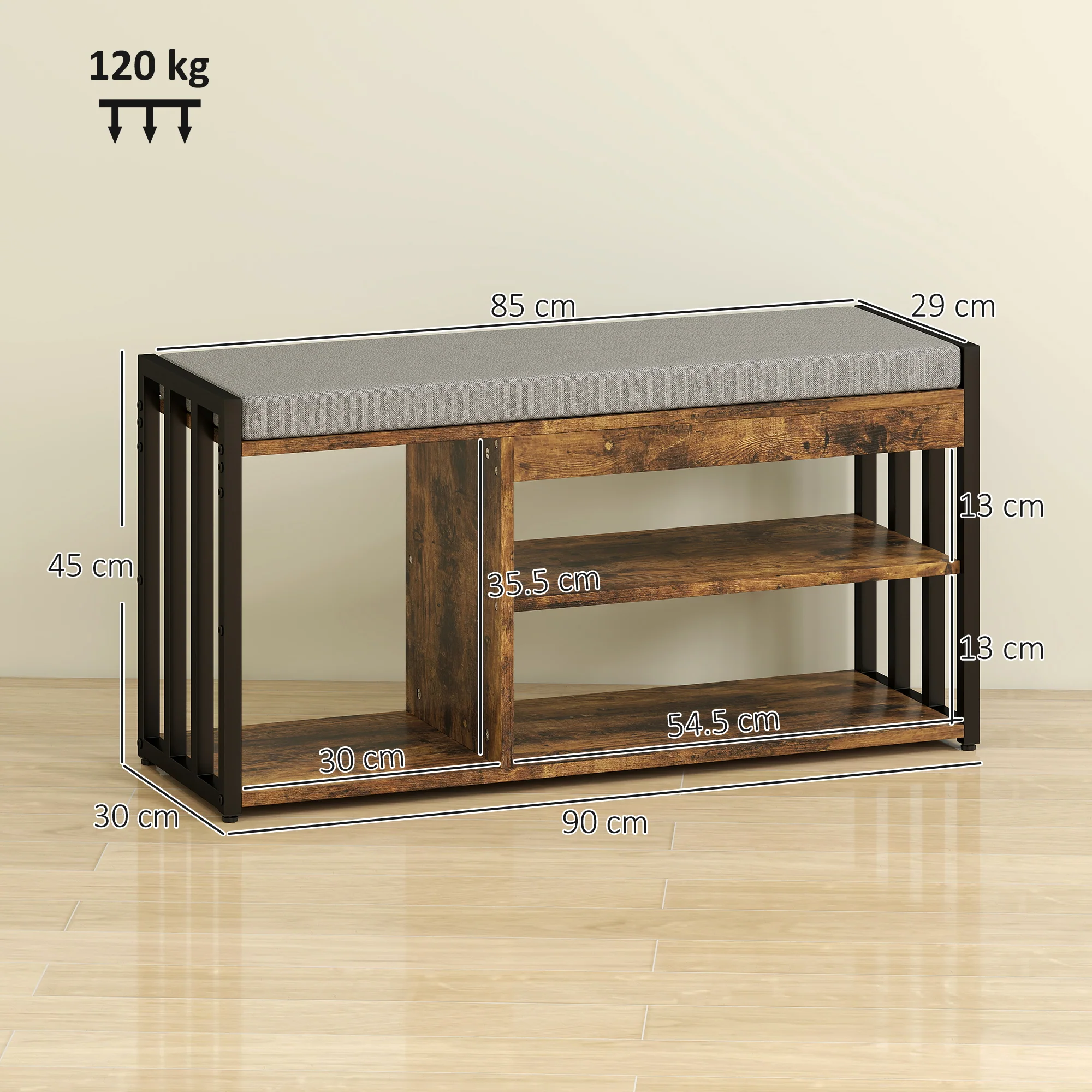 HOMCOM Upholstered Entryway Shoe Bench with Storage Shelves, Rustic Brown - Image 5