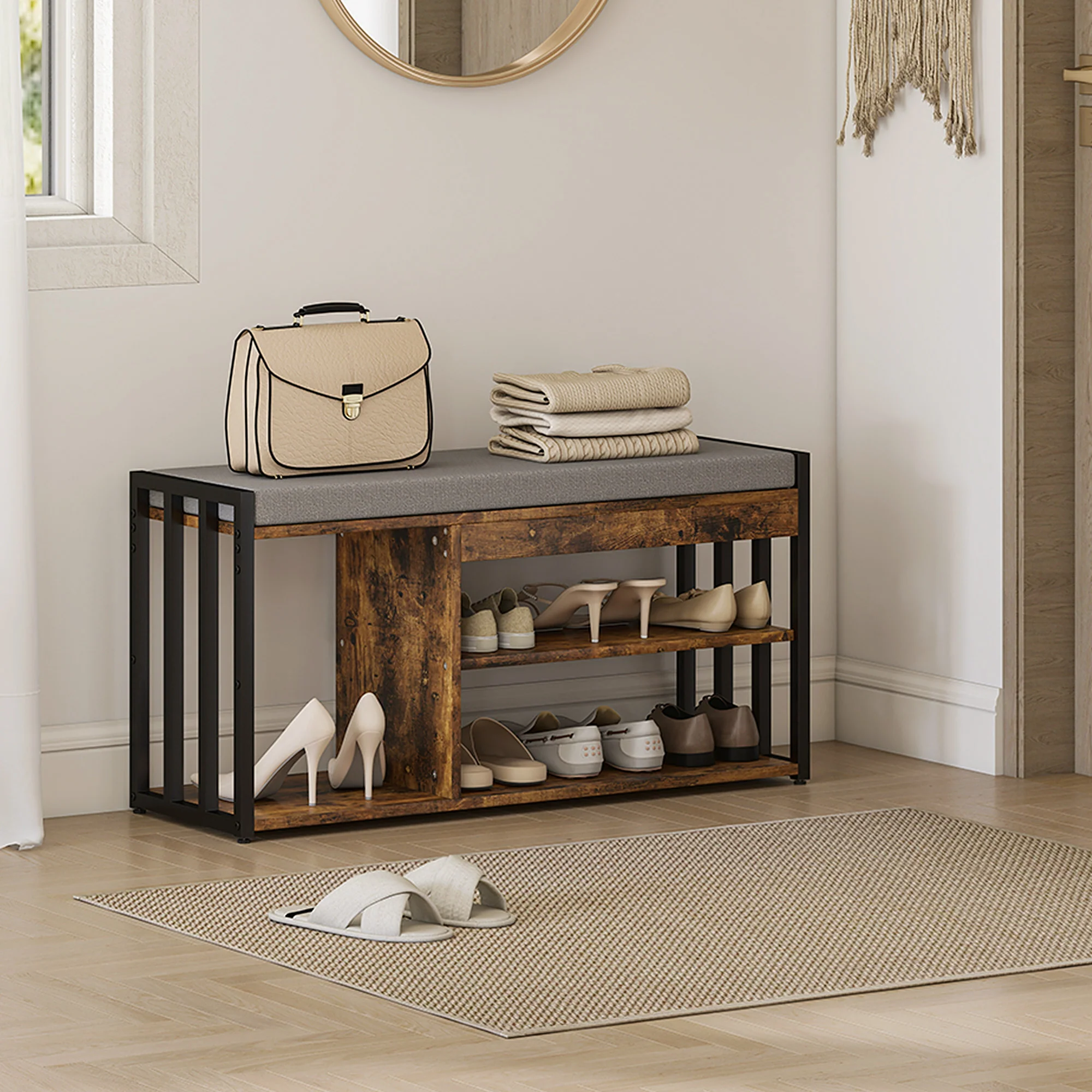 HOMCOM Upholstered Entryway Shoe Bench with Storage Shelves, Rustic Brown - Image 7