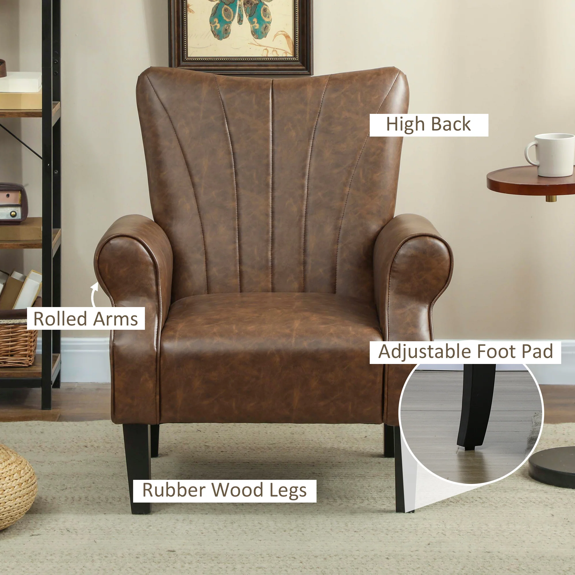 HOMCOM Upholstered Modern Accent Chair, Armchair With Wood Legs, Brown - Image 4