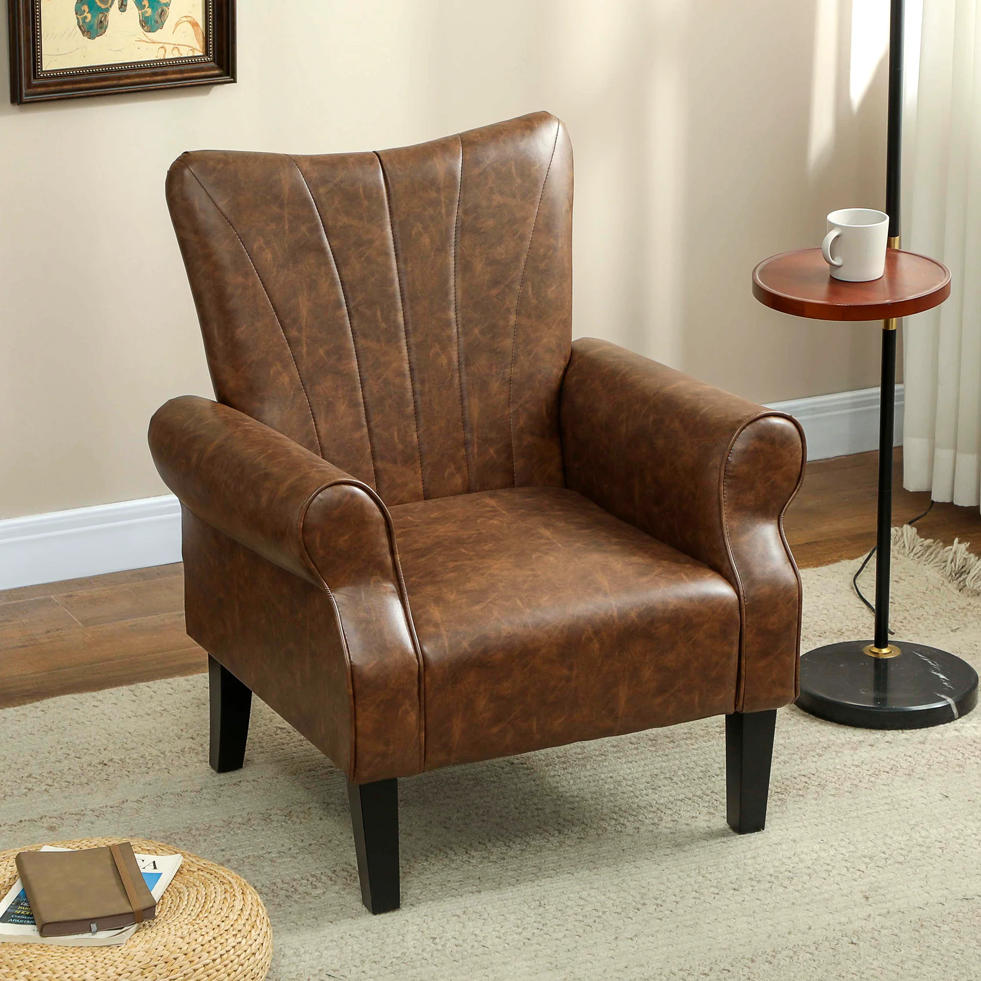 HOMCOM Upholstered Modern Accent Chair, Armchair With Wood Legs, Brown - Image 7