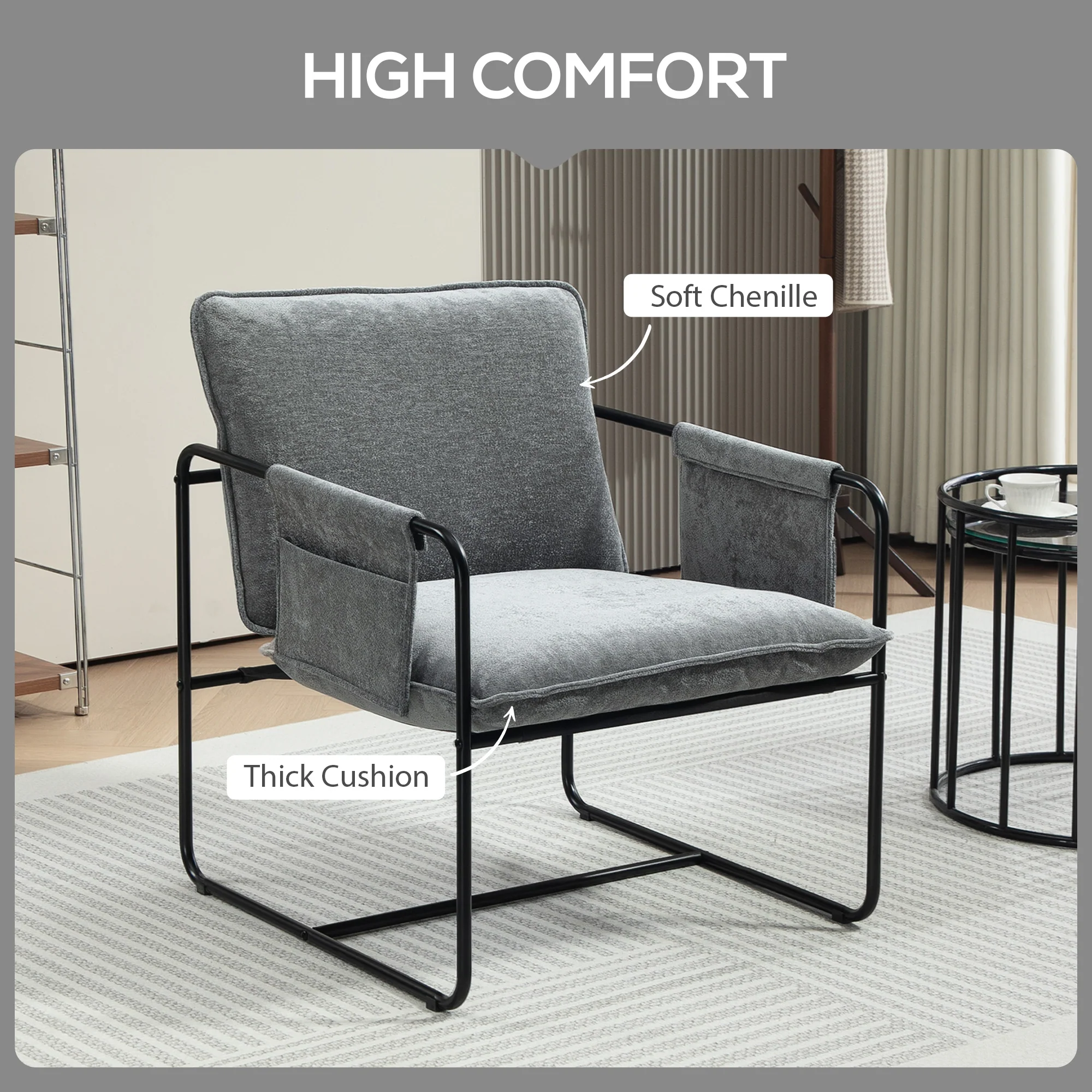 HOMCOM Upholstered Reading Chair with Side Pockets and Steel Frame - Image 12