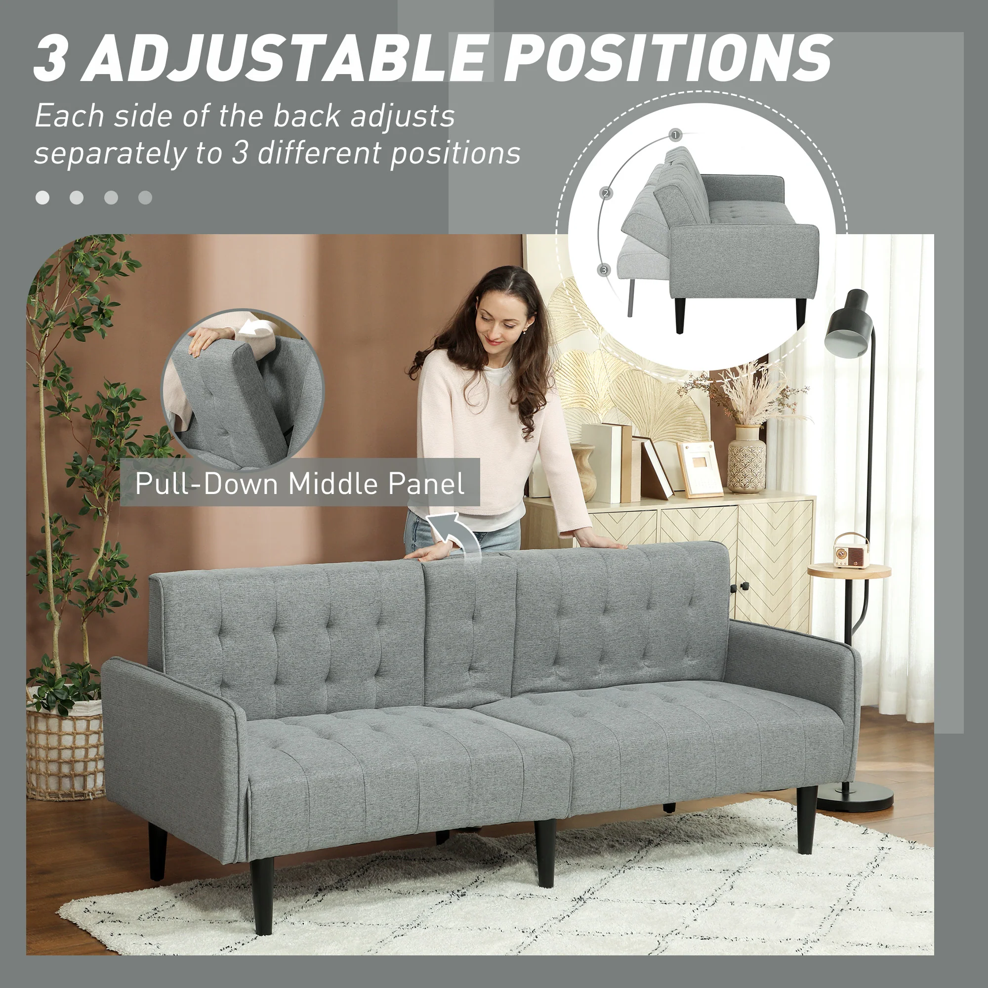 HOMCOM Upholstered Sofa Bed 3 Seater Home Theater With Storage - Image 15