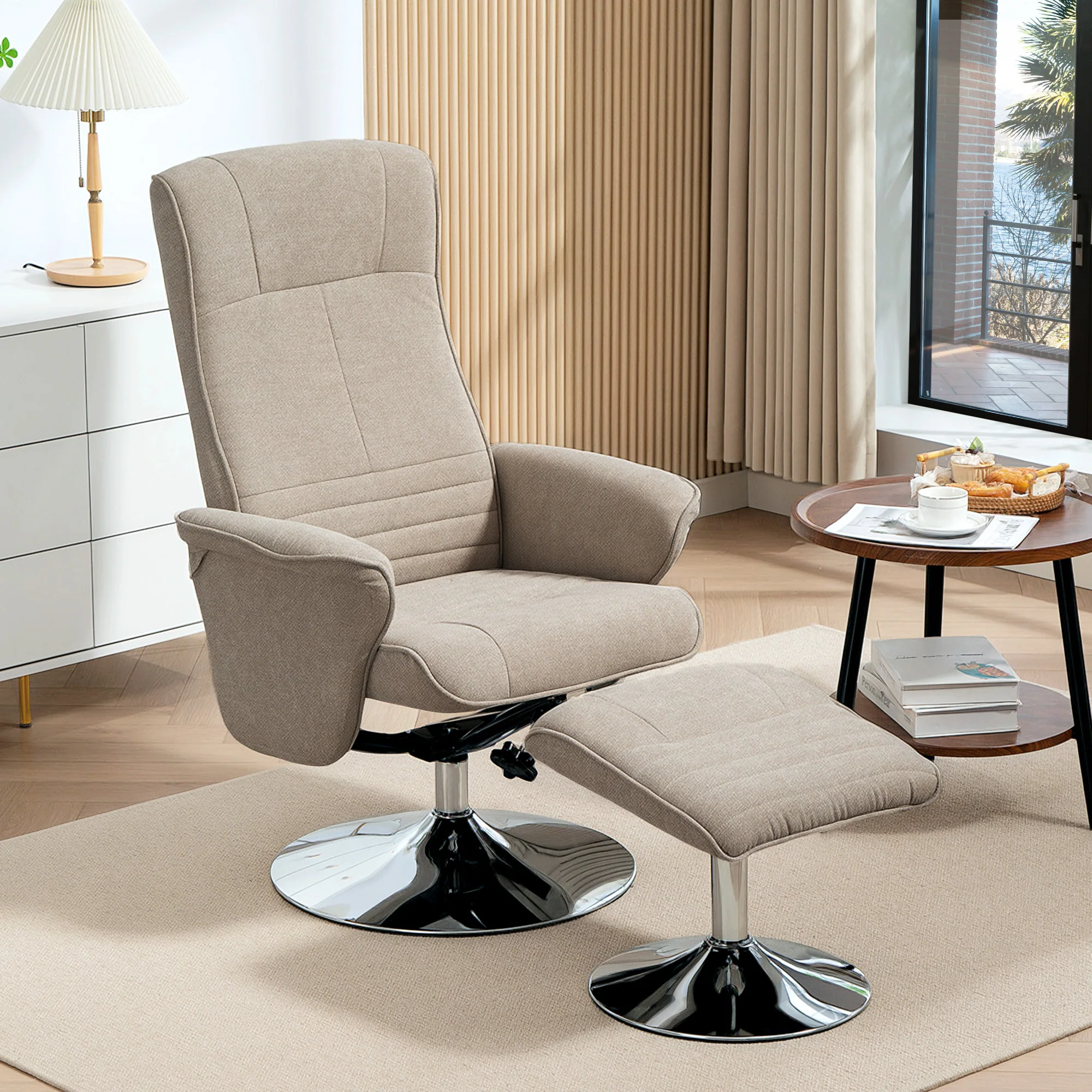HOMCOM Upholstered Swivel Recliner Armchair With Ottoman, Beige - Image 2