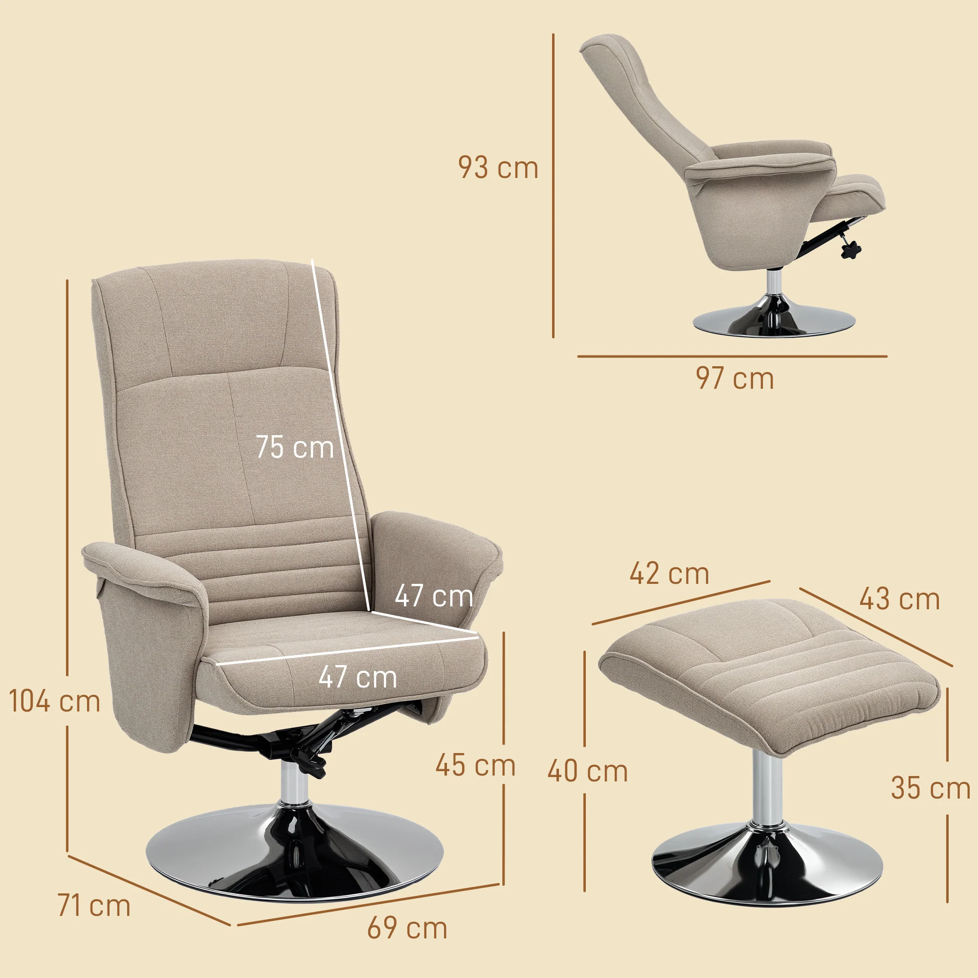 HOMCOM Upholstered Swivel Recliner Armchair With Ottoman, Beige - Image 5