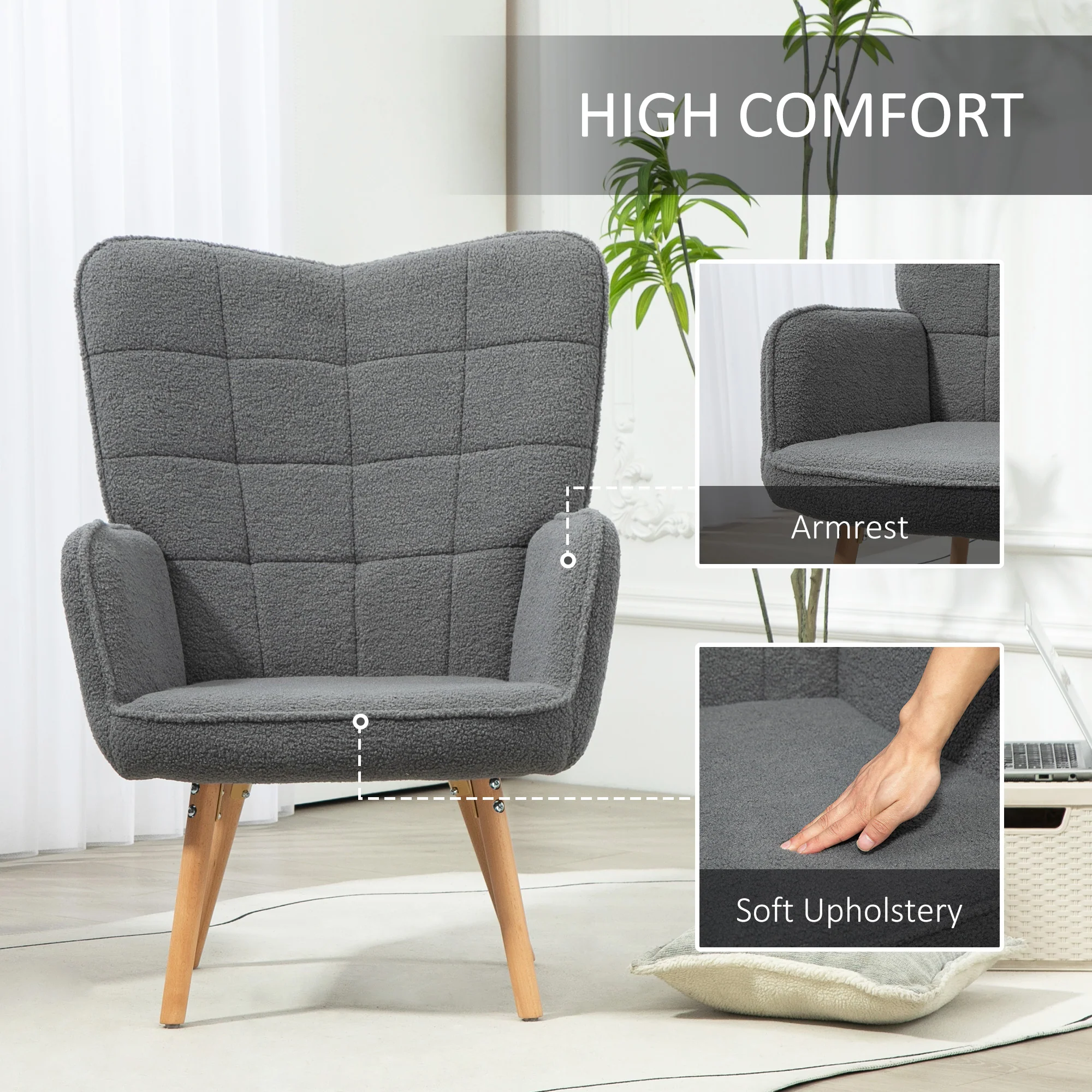 HOMCOM Upholstered Tufted Wingback Armchair with Seat Padding, Dark Grey - Image 3