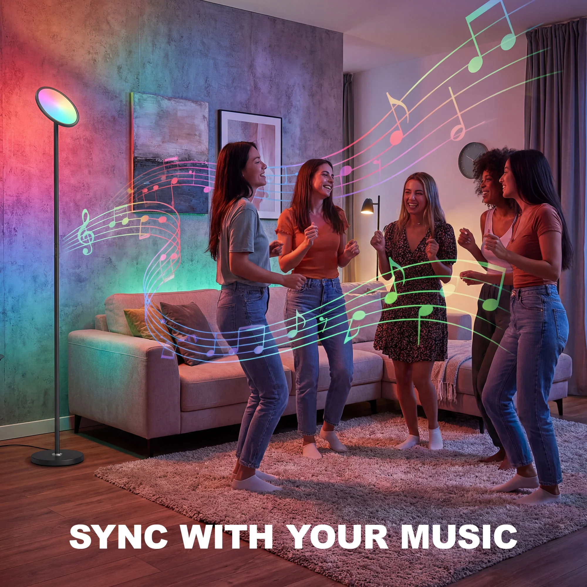 HOMCOM Uplighter Floor Lamp With Tuya App And Music Sync For Bedroom, Black - Image 6