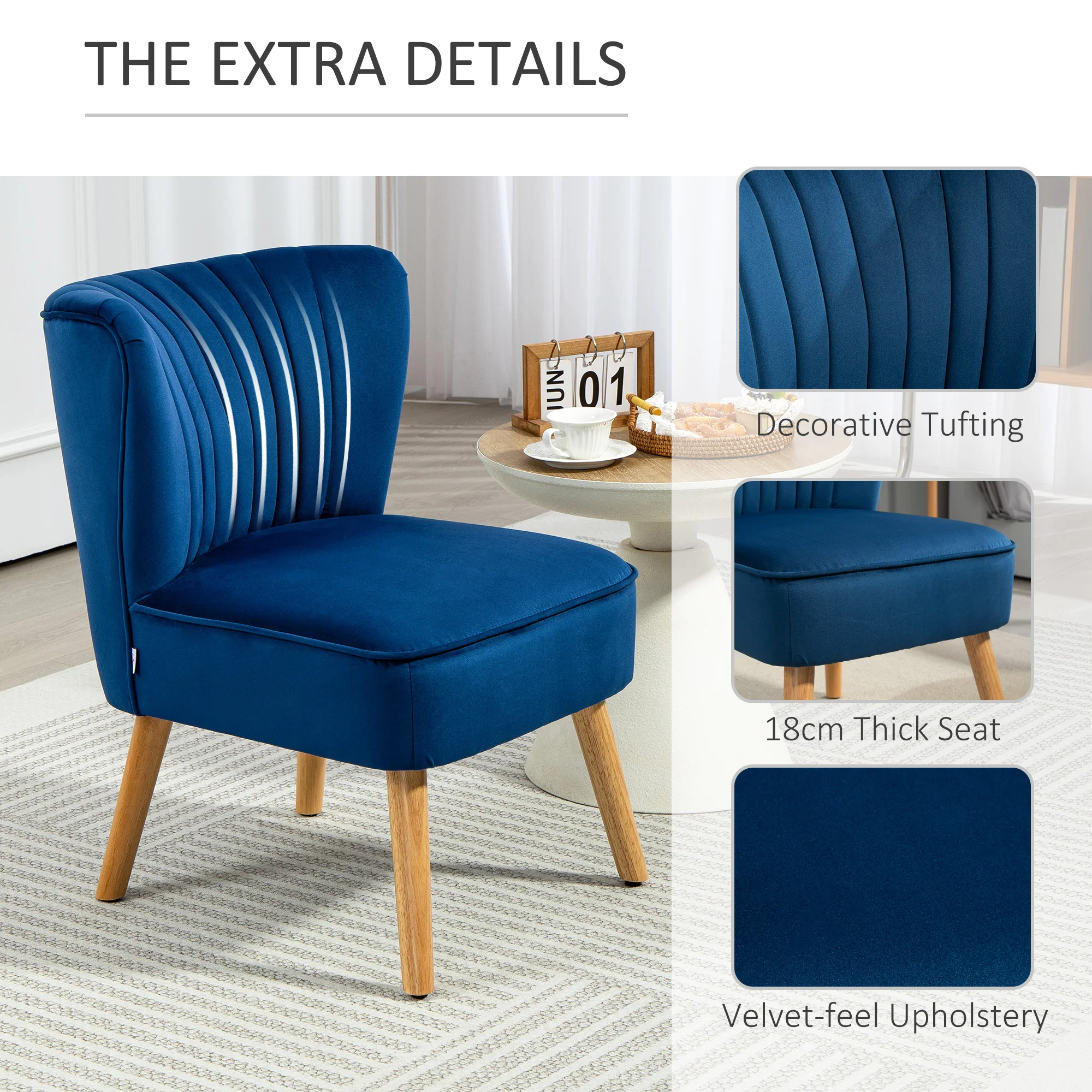 HOMCOM Velvet Accent Chair Occasional Tub Chair For Living Room, Dark Blue - Image 4