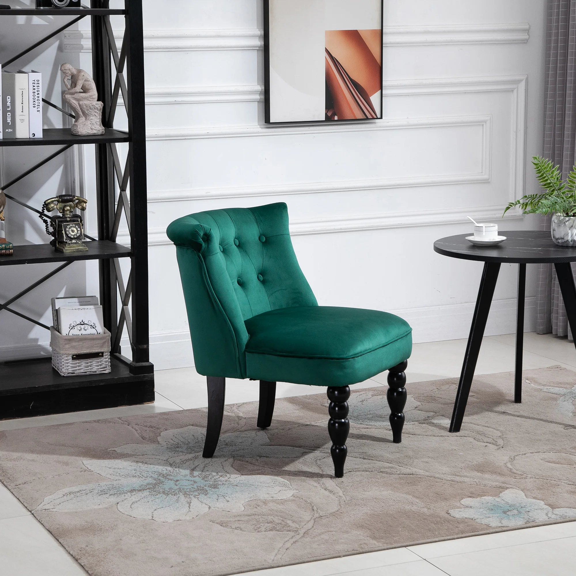 HOMCOM Velvet Accent Chair Tufted Wingback Chair W/ Rubber Wood Legs Dark Green - Image 2