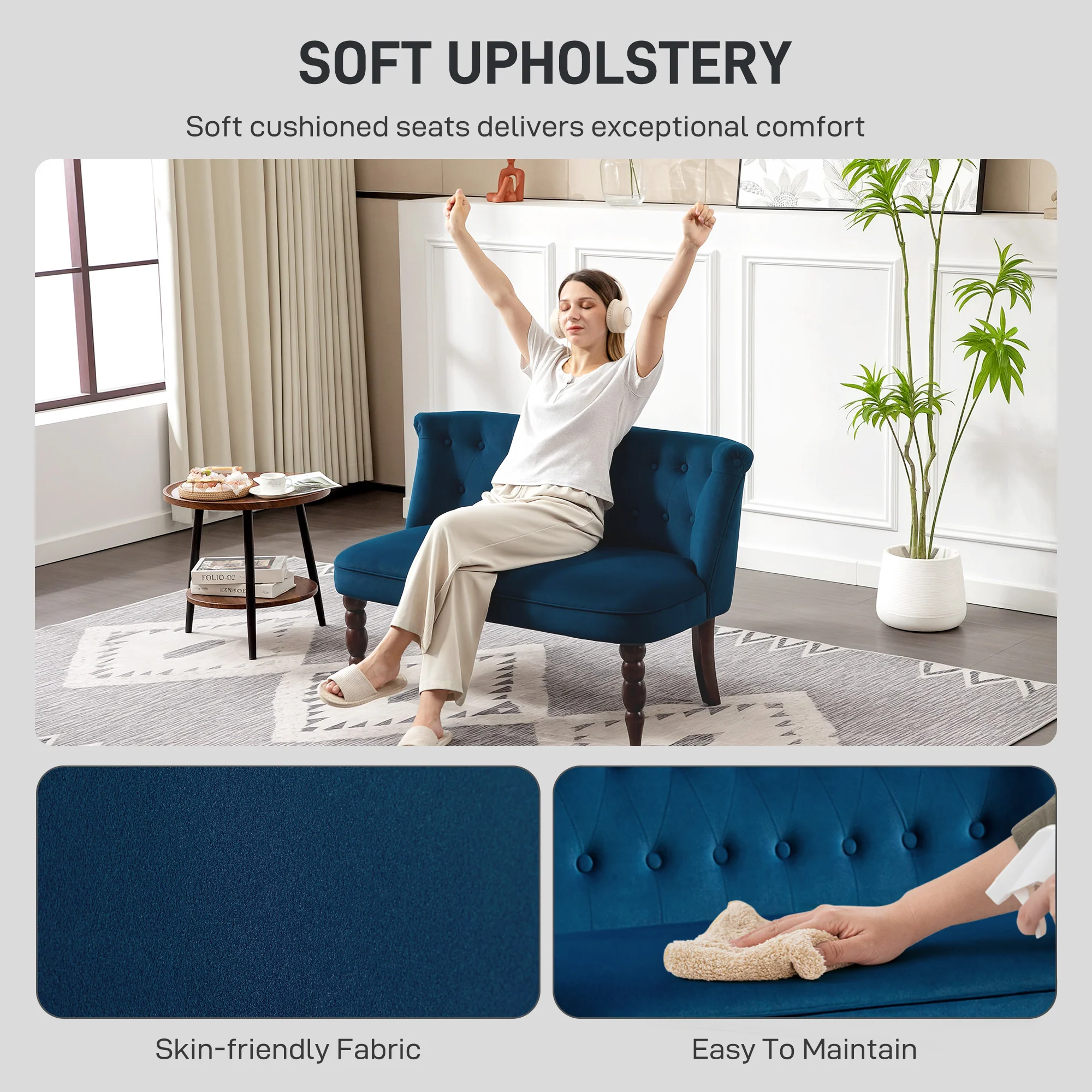 HOMCOM Velvet-Feel Two-Seat Lounger Sofa With Wood Frame - Image 13
