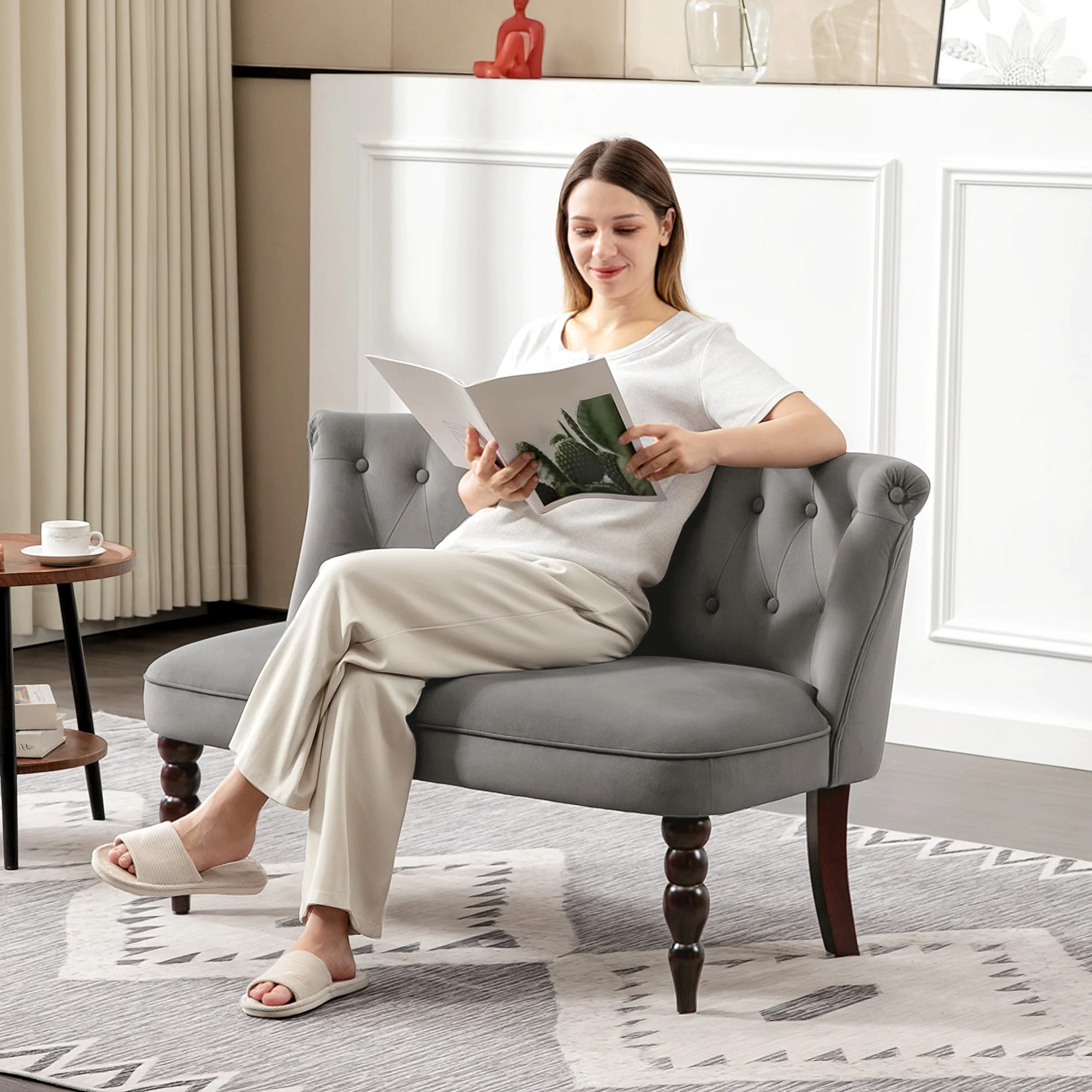 HOMCOM Velvet-Feel Two-Seat Lounger Sofa With Wood Frame - Image 8