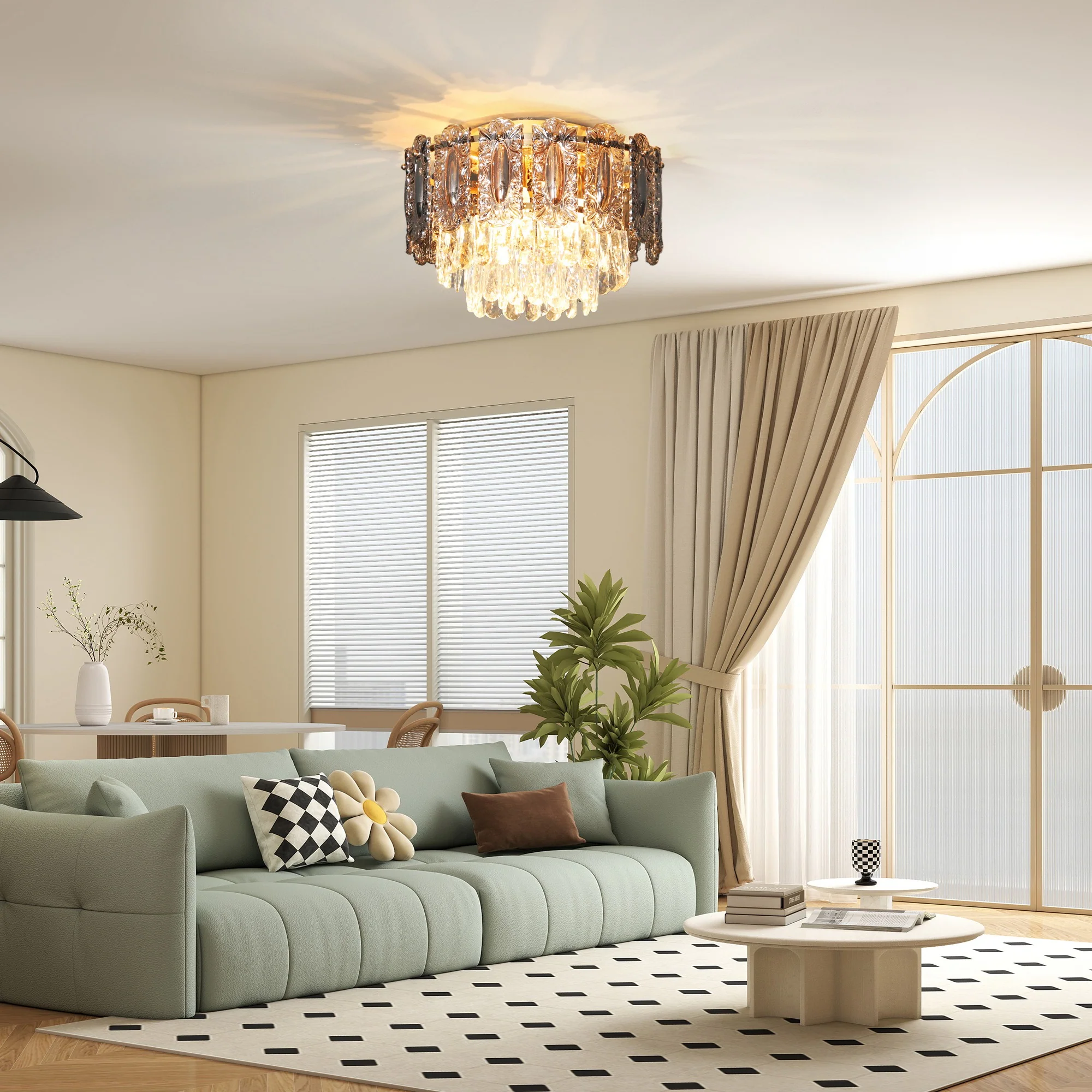 HOMCOM Vintage Ceiling Light With Dual Crystal And Smoke Glass Shade, Gold - Image 2