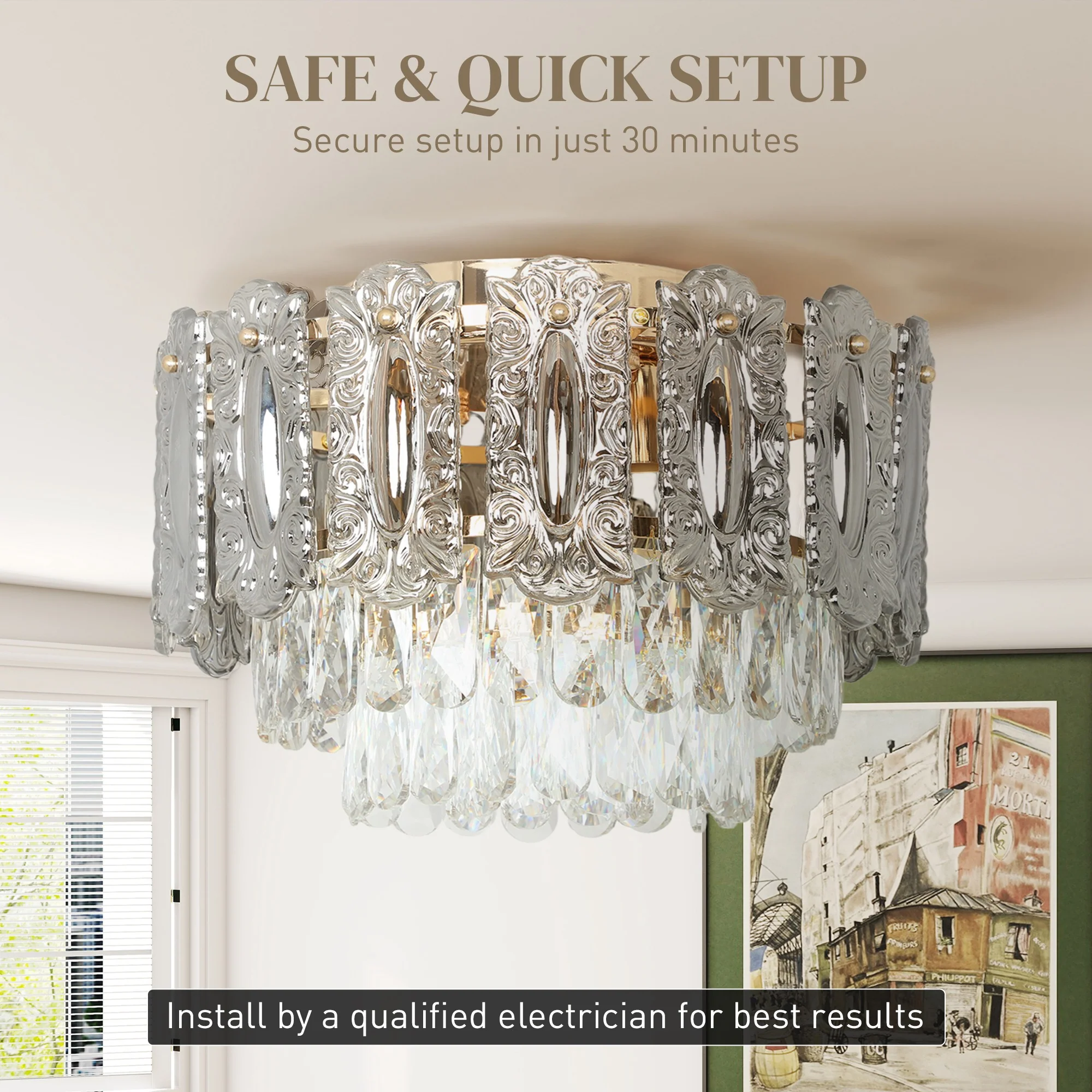 HOMCOM Vintage Ceiling Light With Dual Crystal And Smoke Glass Shade, Gold - Image 6