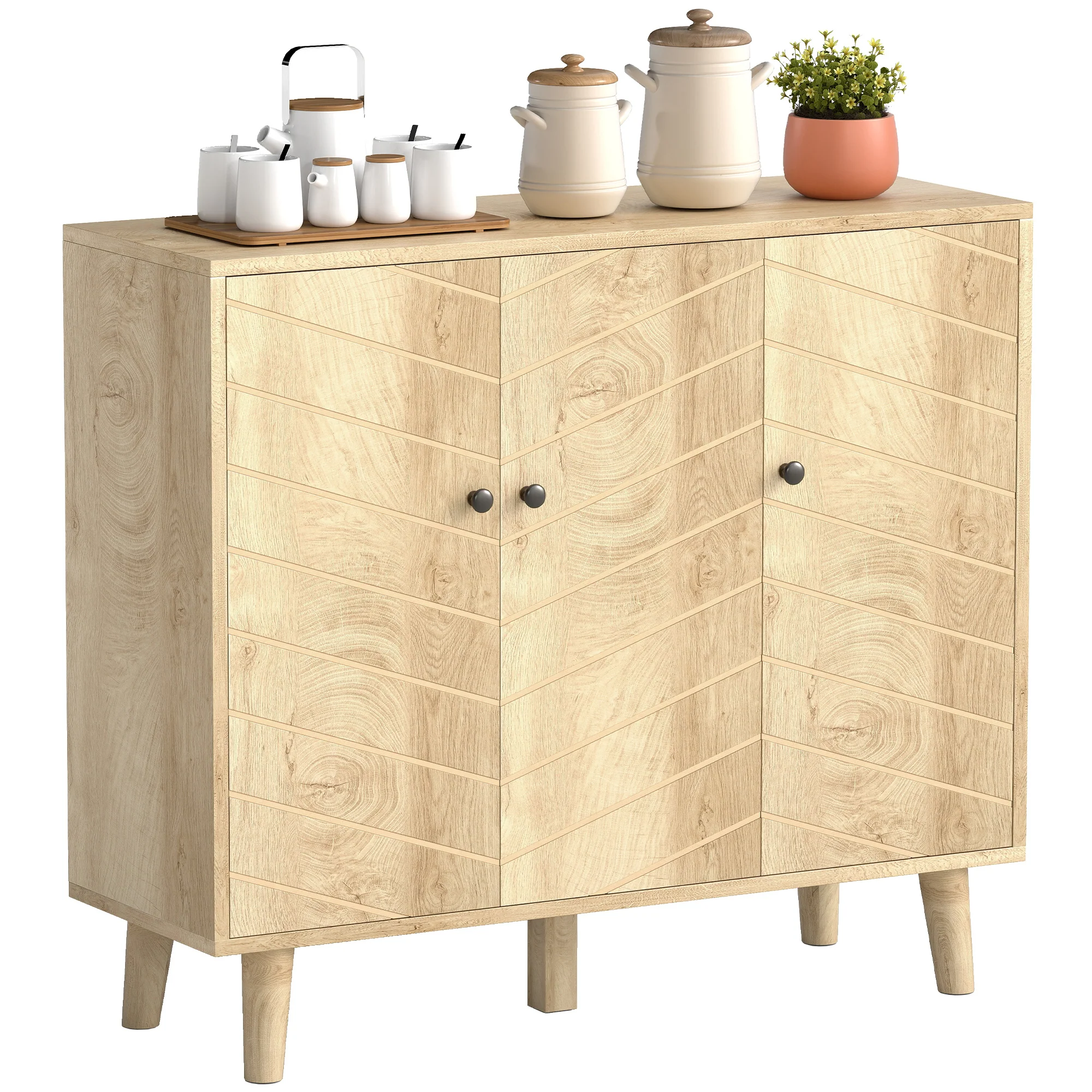 HOMCOM Vintage Sideboard Cabinet with 3 Chevron Doors, Natural Wood Finish