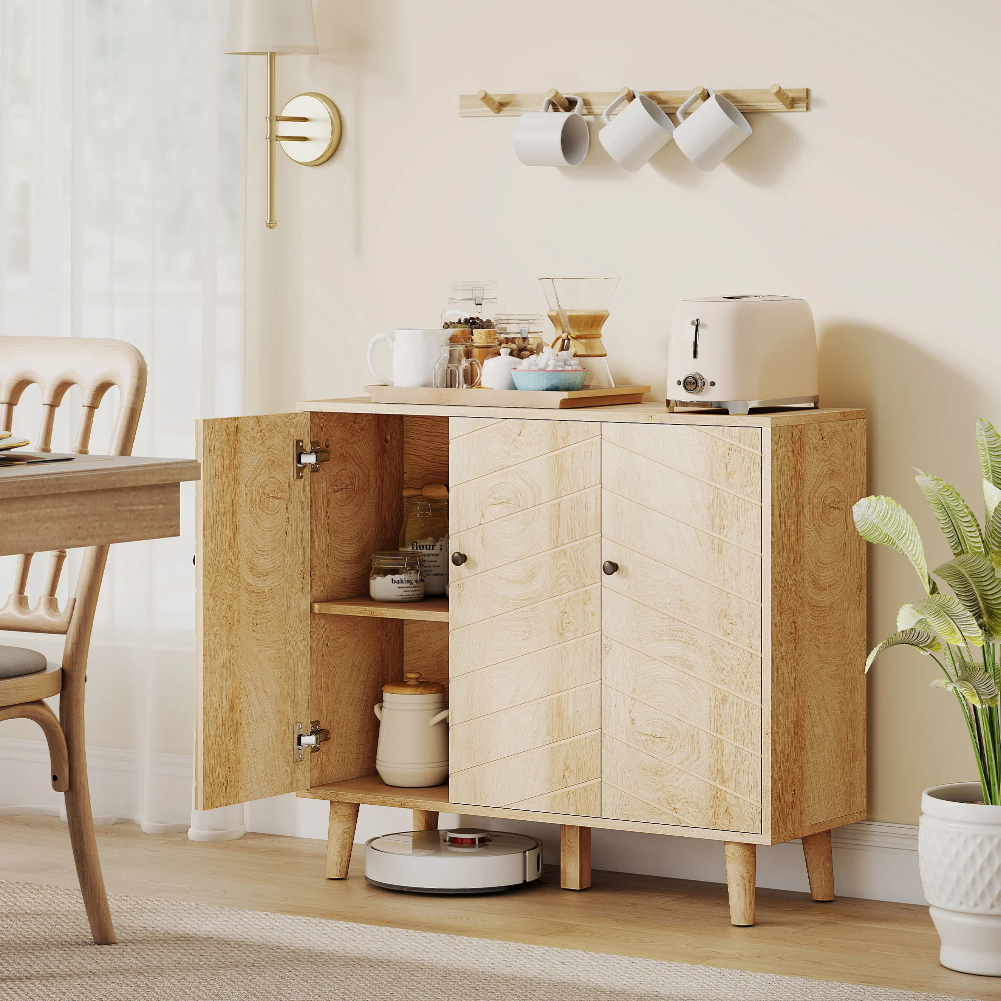 HOMCOM Vintage Sideboard Cabinet with 3 Chevron Doors, Natural Wood Finish - Image 2