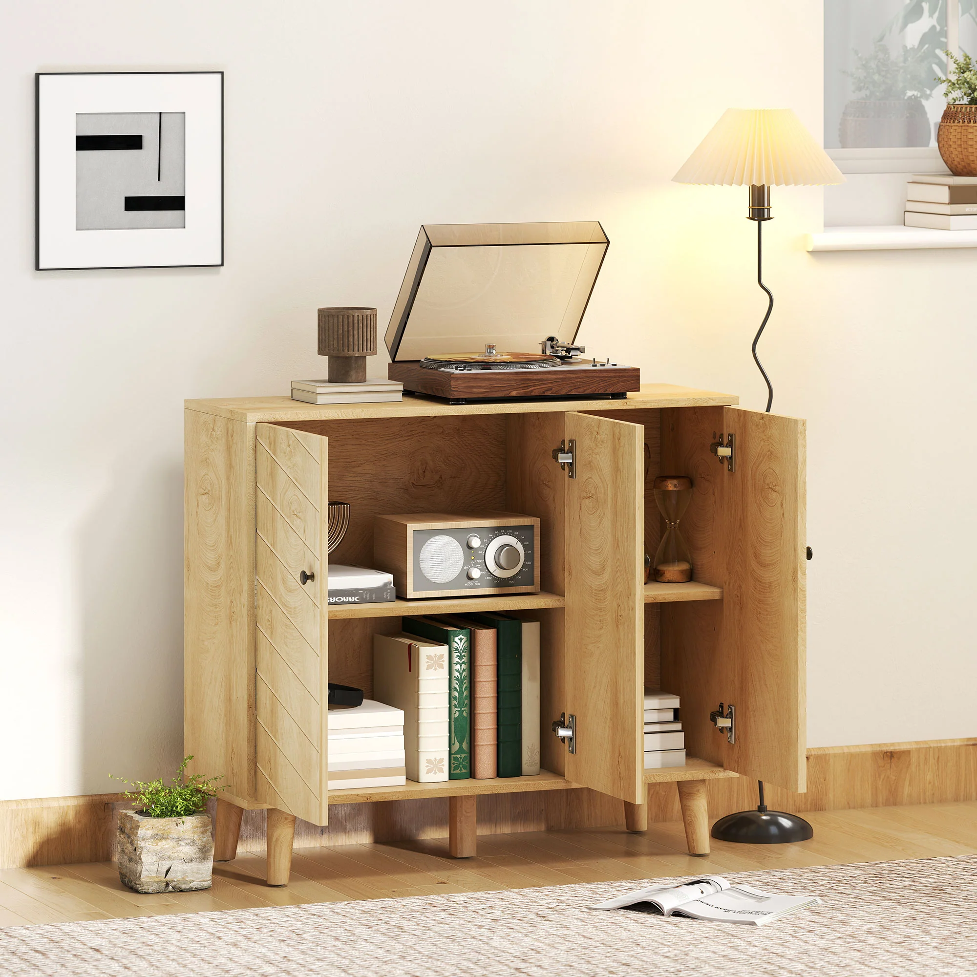 HOMCOM Vintage Sideboard Cabinet with 3 Chevron Doors, Natural Wood Finish - Image 8