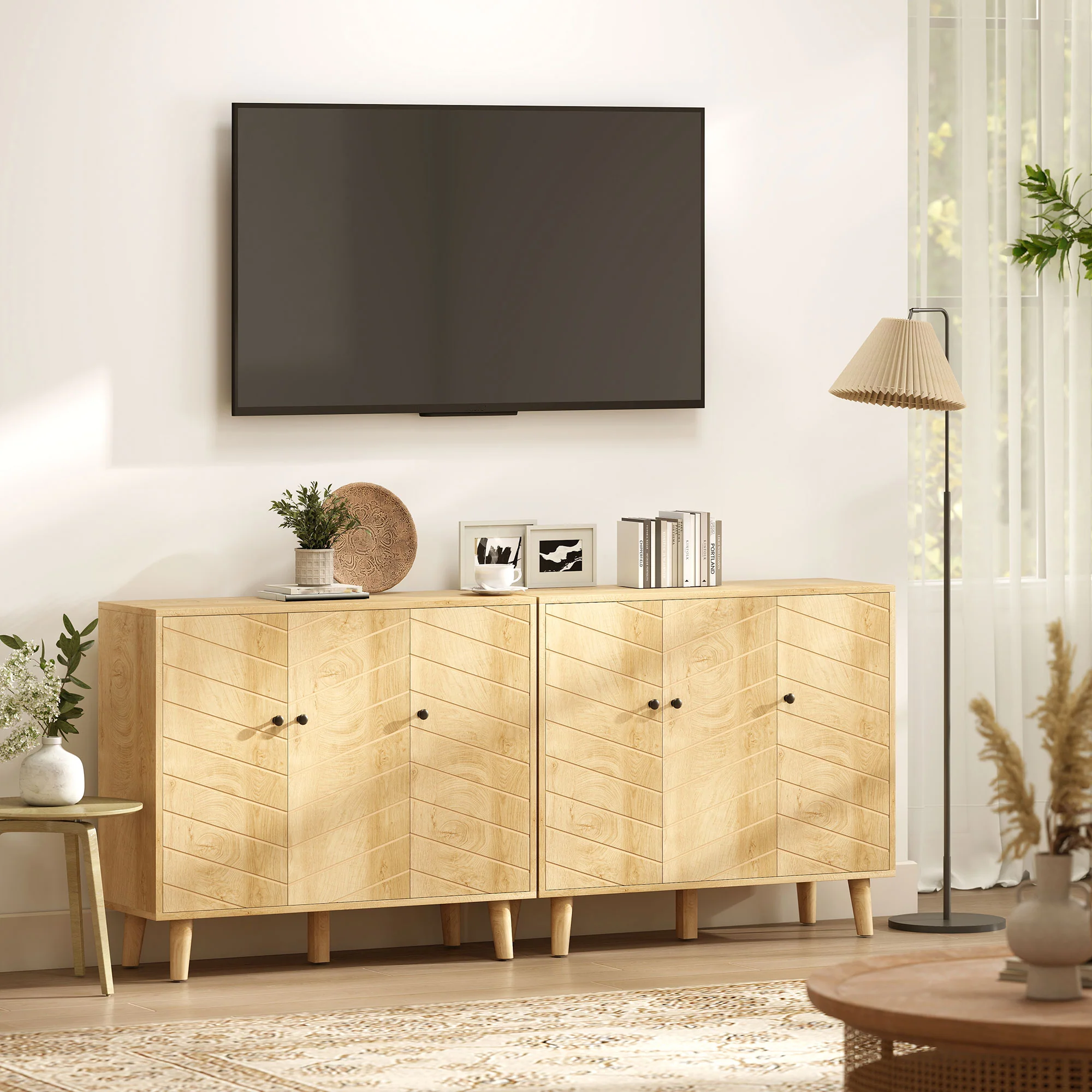 HOMCOM Vintage Sideboard Cabinet with 3 Chevron Doors, Natural Wood Finish - Image 9